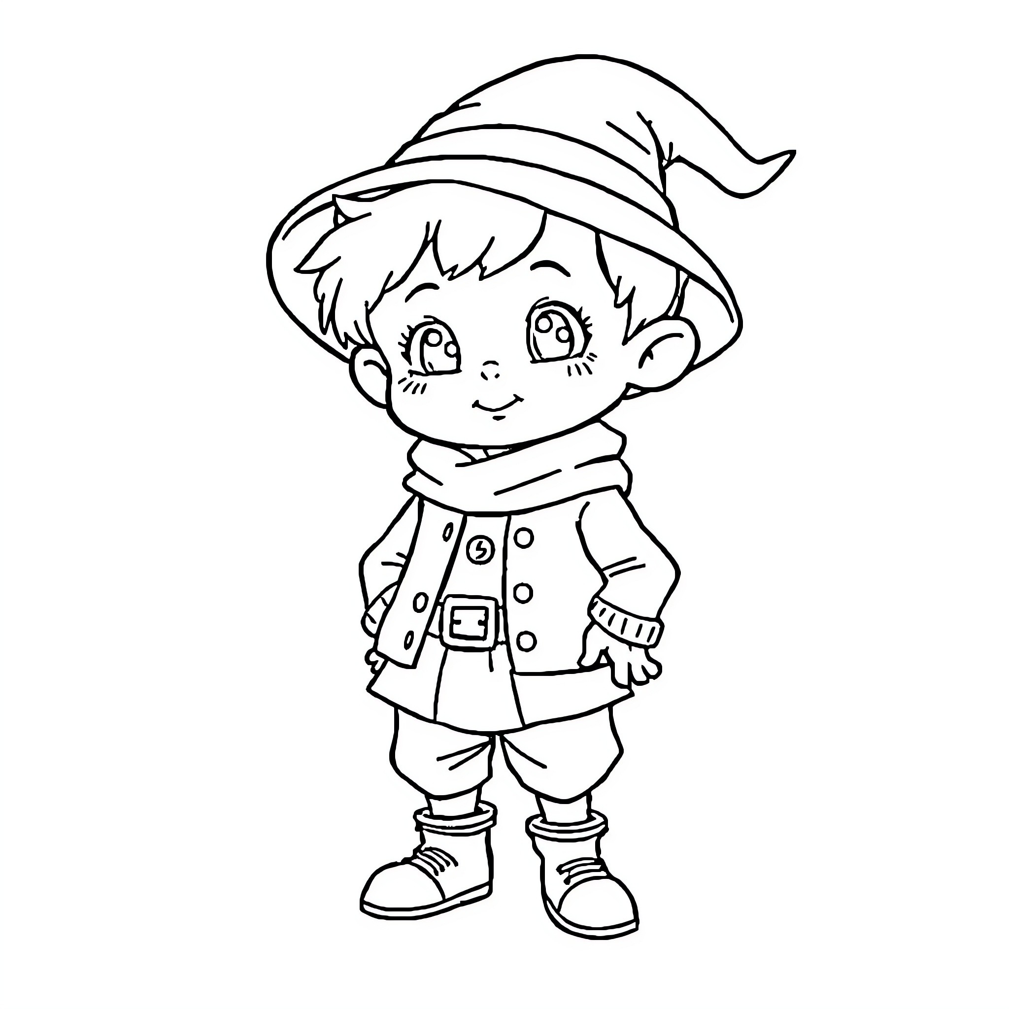 Duende Adorable Youngster in Whimsical Attire Coloring Page (free black-and-white line drawing printable PDF for all, from beginners to advanced learners, including children, teens, adults, and seniors)