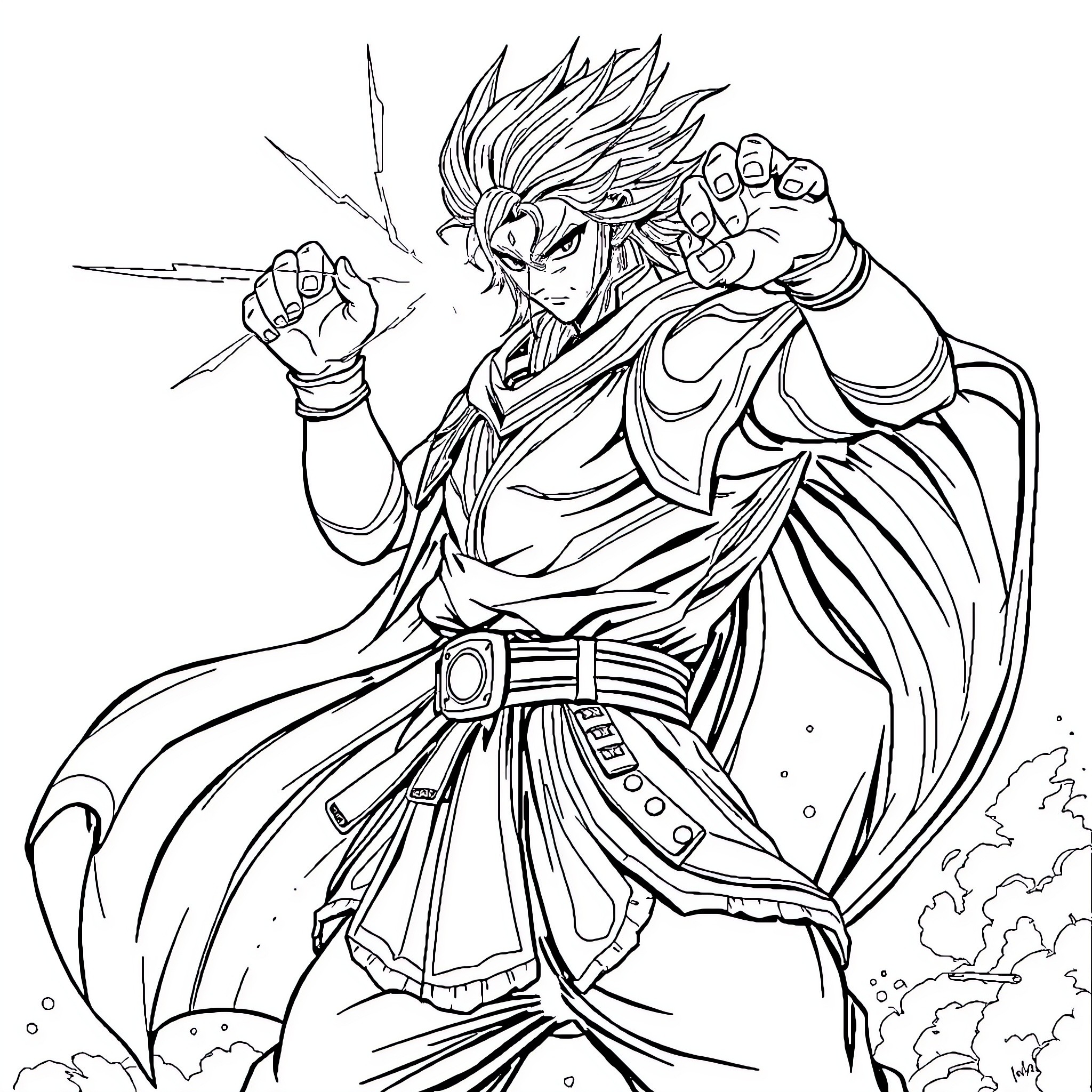 Tengen Uzui in a dynamic battle pose Coloring Page (free black-and-white line drawing printable PDF for all, from beginners to advanced learners, including children, teens, adults, and seniors)