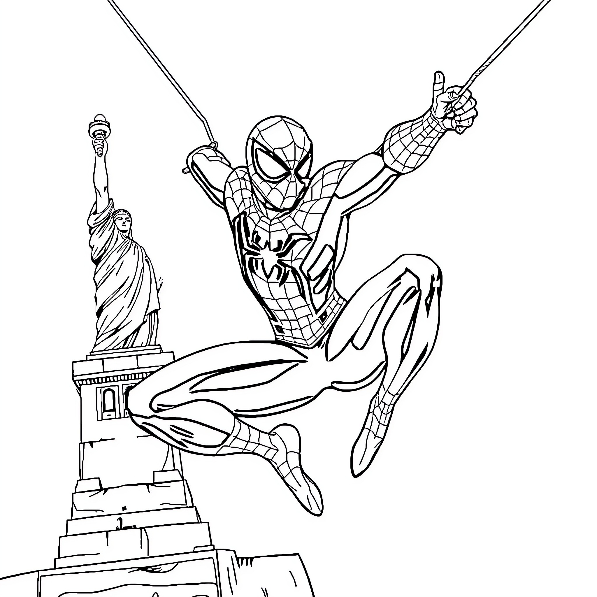Spiderman swinging through the city skyline Coloring Page (free black-and-white line drawing printable PDF for all, from beginners to advanced learners, including children, teens, adults, and seniors)