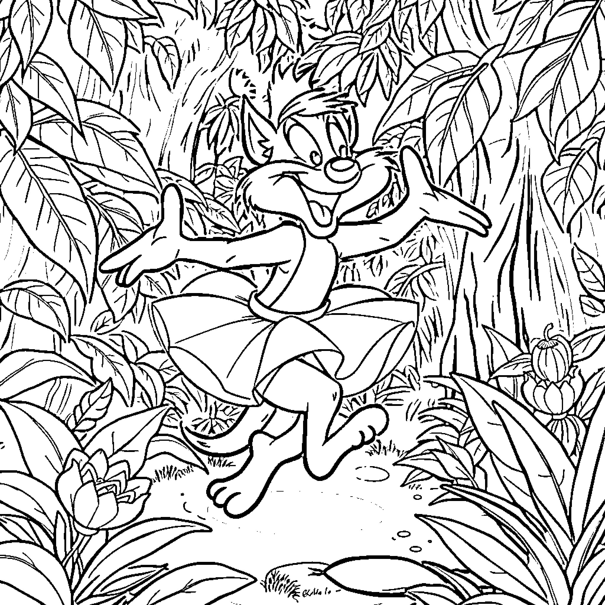 Taz frolicking joyfully in the lush jungle Coloring Page (free black-and-white line drawing printable PDF for all, from beginners to advanced learners, including children, teens, adults, and seniors)