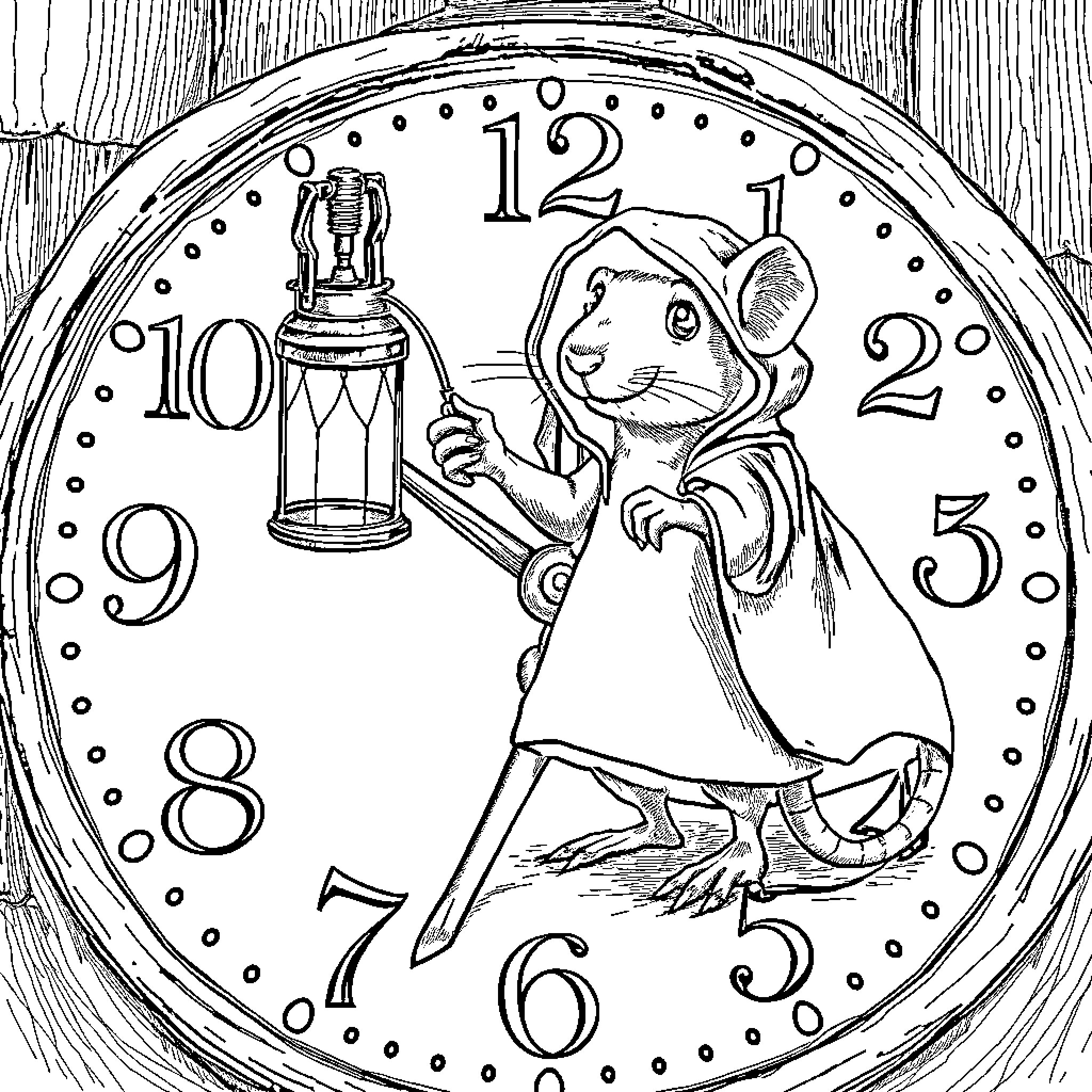Rat with lantern inside a clock Coloring Page (free black-and-white line drawing printable PDF for all, from beginners to advanced learners, including children, teens, adults, and seniors)