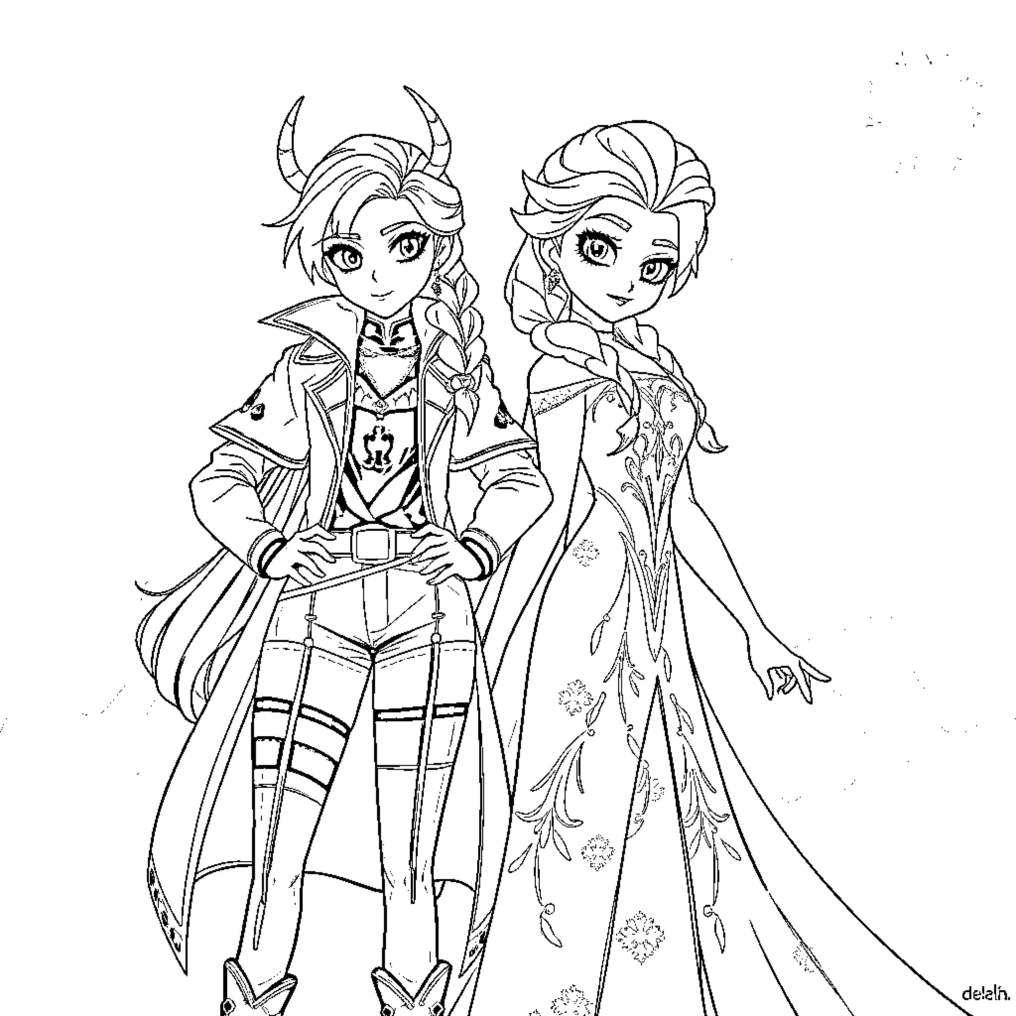 Rumi's Fantastical Encounter with a Regal Companion Coloring Page (free black-and-white line drawing printable PDF for all, from beginners to advanced learners, including children, teens, adults, and seniors)