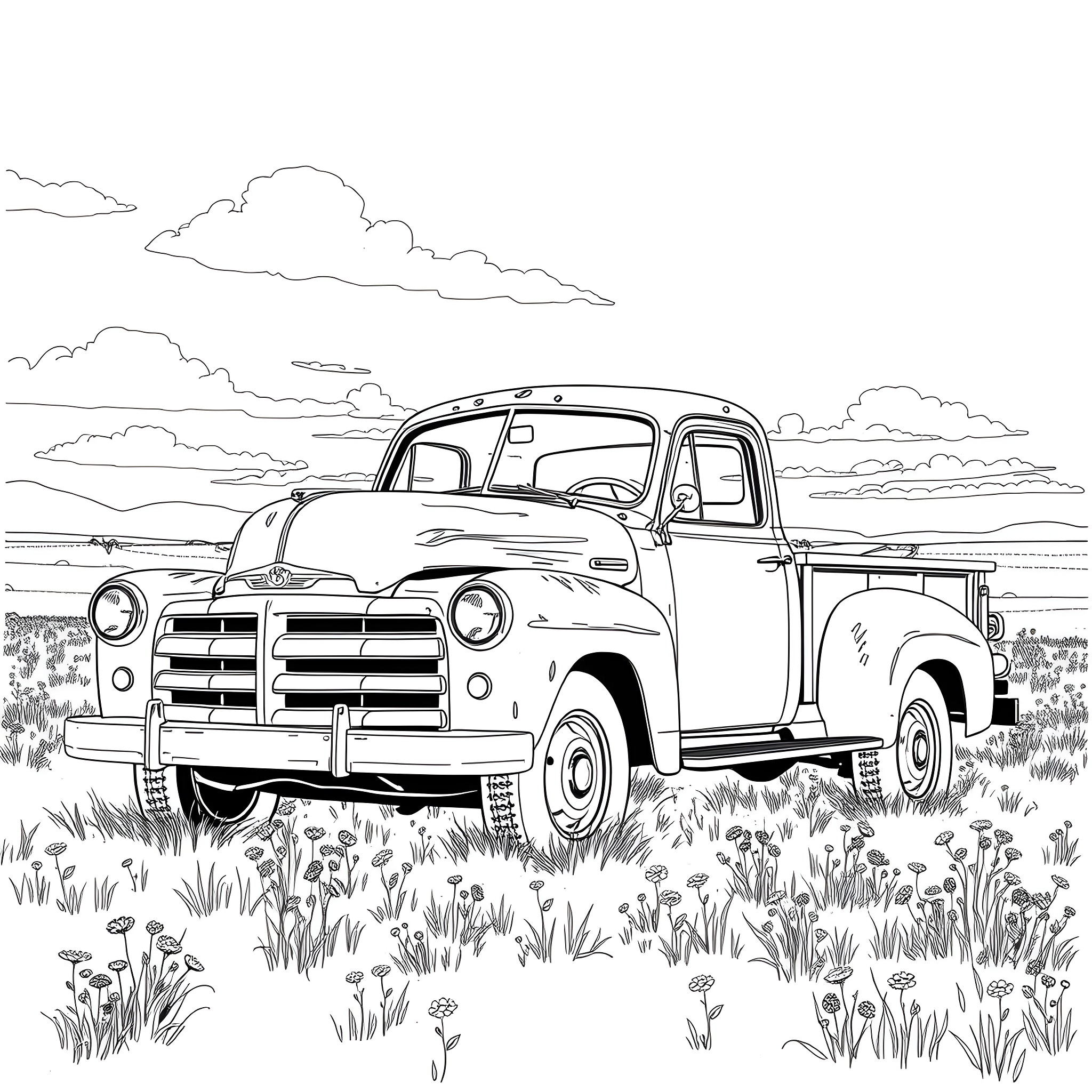 Truck parked in rural field with cloudy sky Coloring Page (free black-and-white line drawing printable PDF for all, from beginners to advanced learners, including children, teens, adults, and seniors)