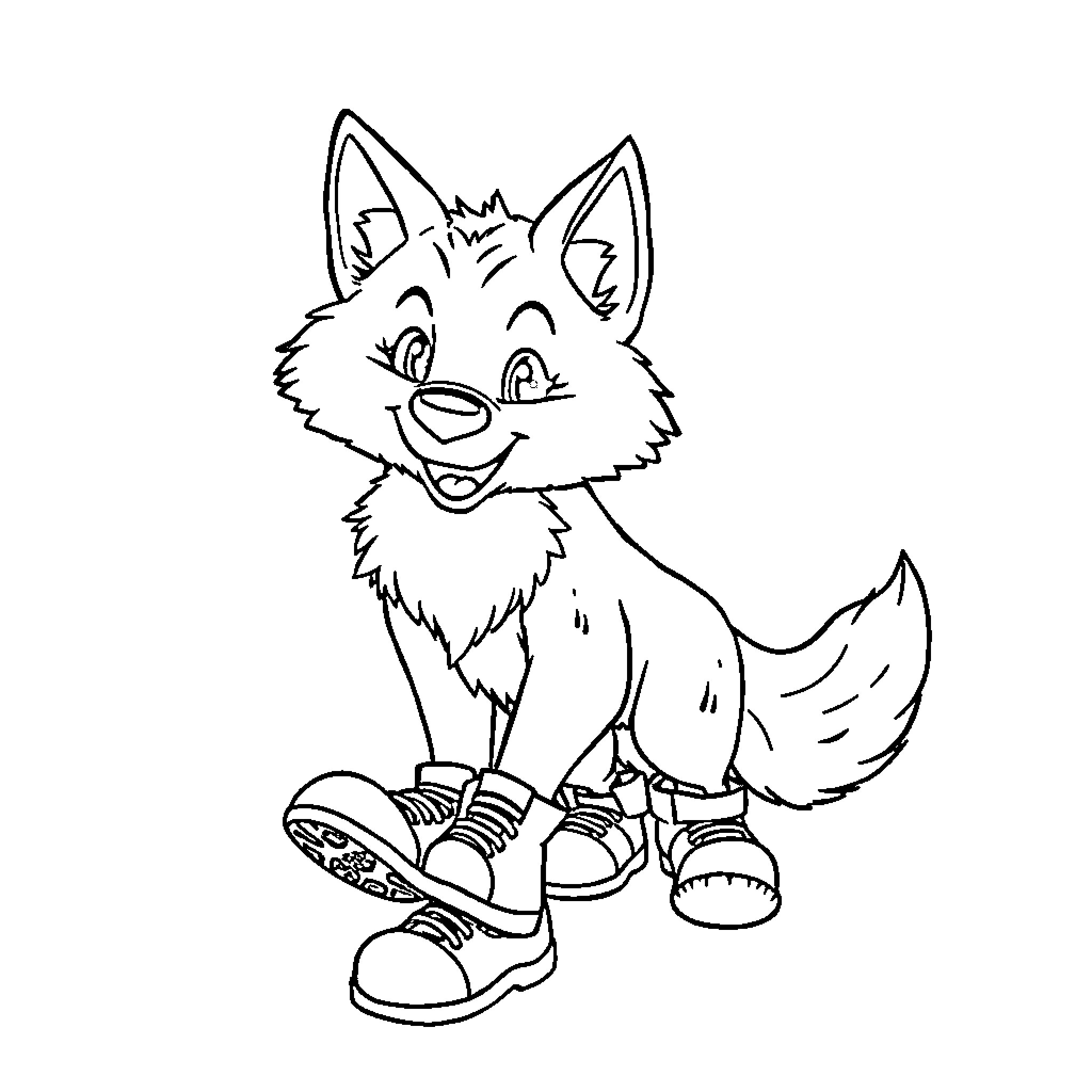 Wolf pup wearing playful shoes Coloring Page (free black-and-white line drawing printable PDF for all, from beginners to advanced learners, including children, teens, adults, and seniors)