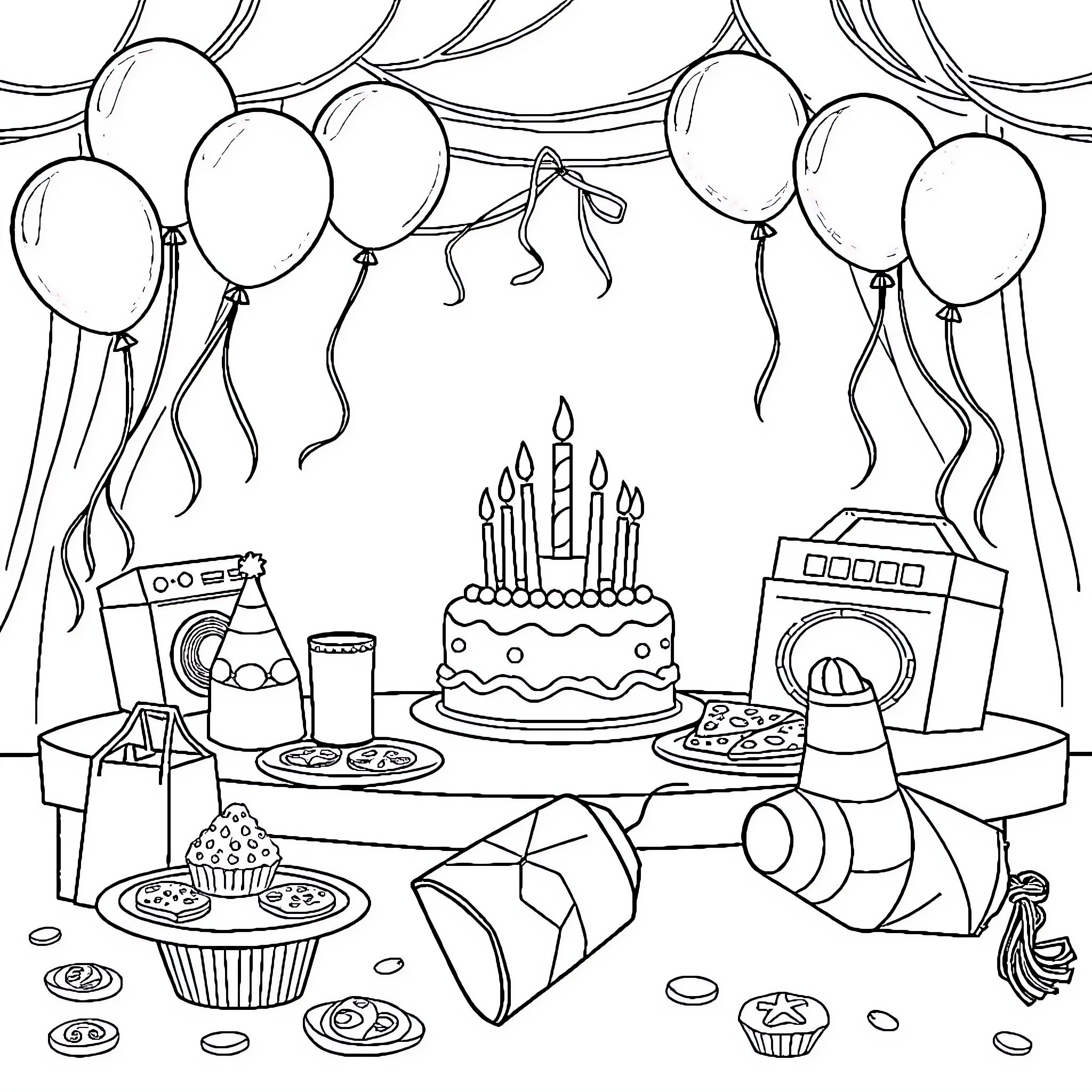 Party Celebration with Balloons, Cake, and Snacks Coloring Page (free black-and-white line drawing printable PDF for all, from beginners to advanced learners, including children, teens, adults, and seniors)