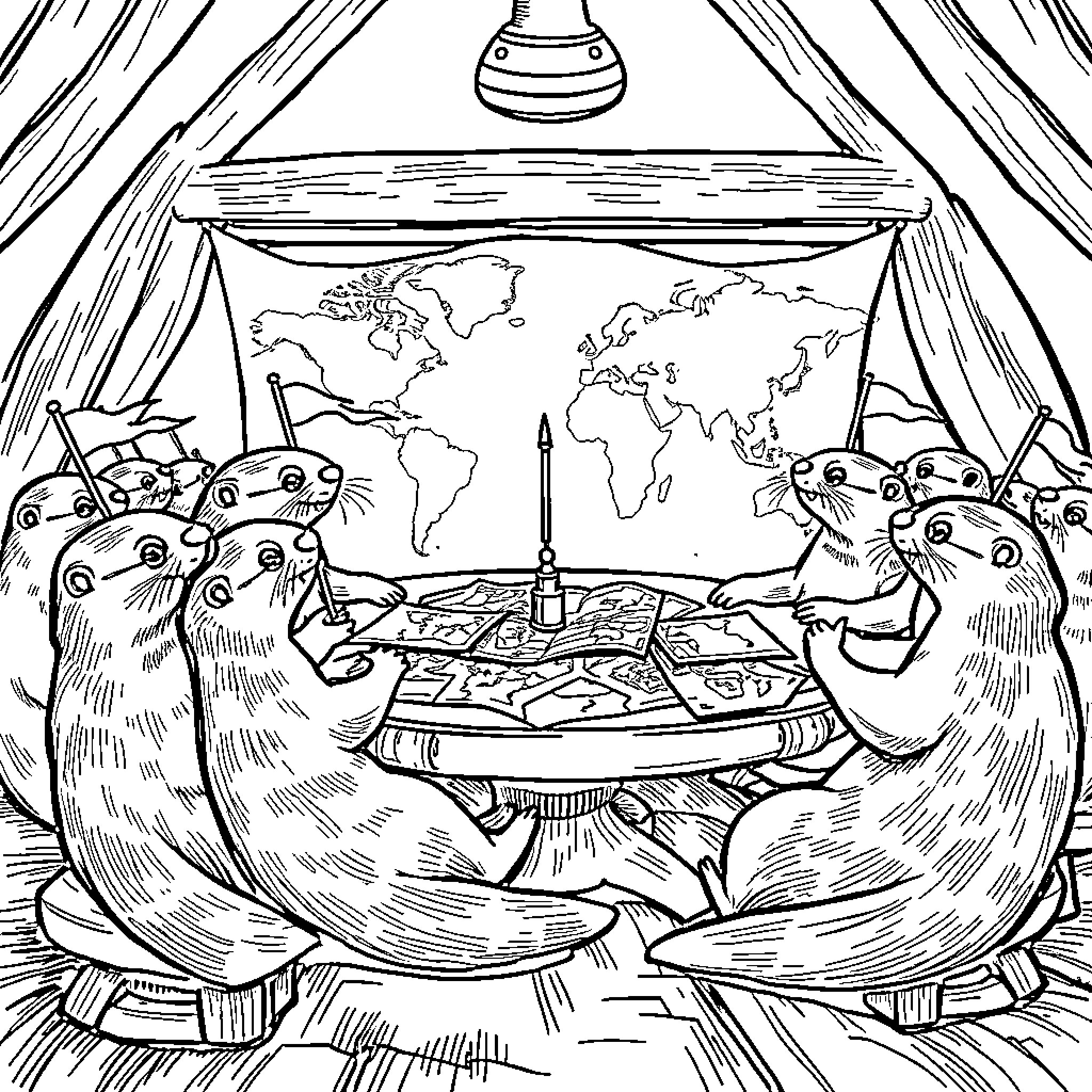 Otter geographers studying world map in observation room Coloring Page (free black-and-white line drawing printable PDF for all, from beginners to advanced learners, including children, teens, adults, and seniors)