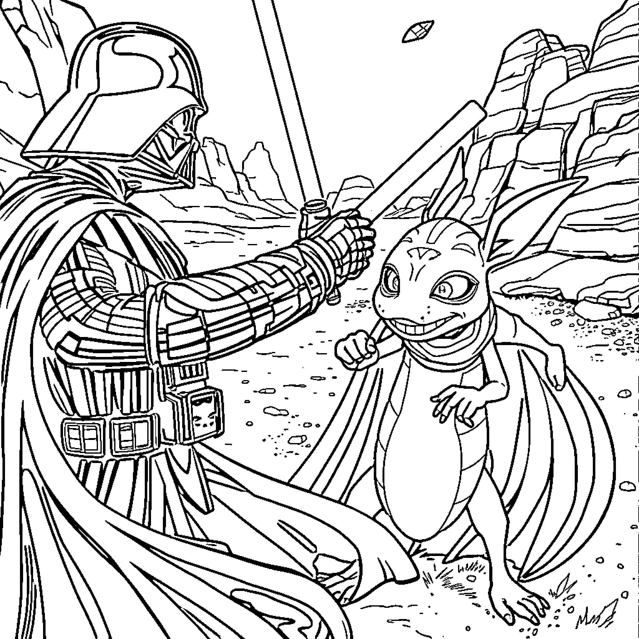 Darth Vader confronting an alien creature in the desert Coloring Page (free black-and-white line drawing printable PDF for all, from beginners to advanced learners, including children, teens, adults, and seniors)