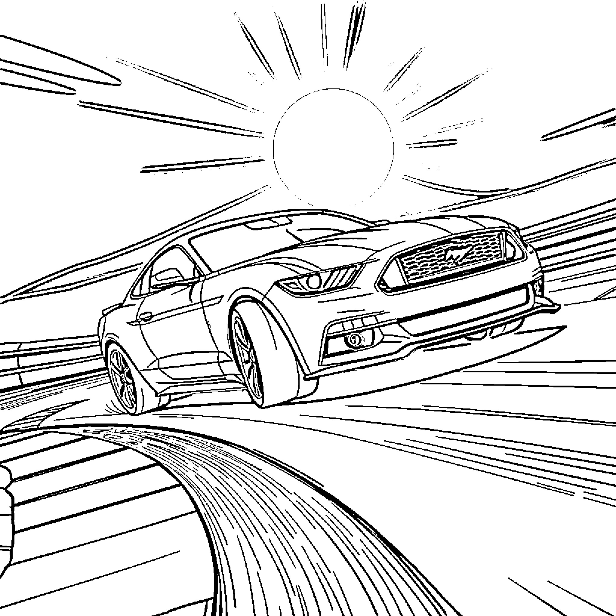 Ford Mustang driving swiftly in the sunshine Coloring Page (free black-and-white line drawing printable PDF for all, from beginners to advanced learners, including children, teens, adults, and seniors)