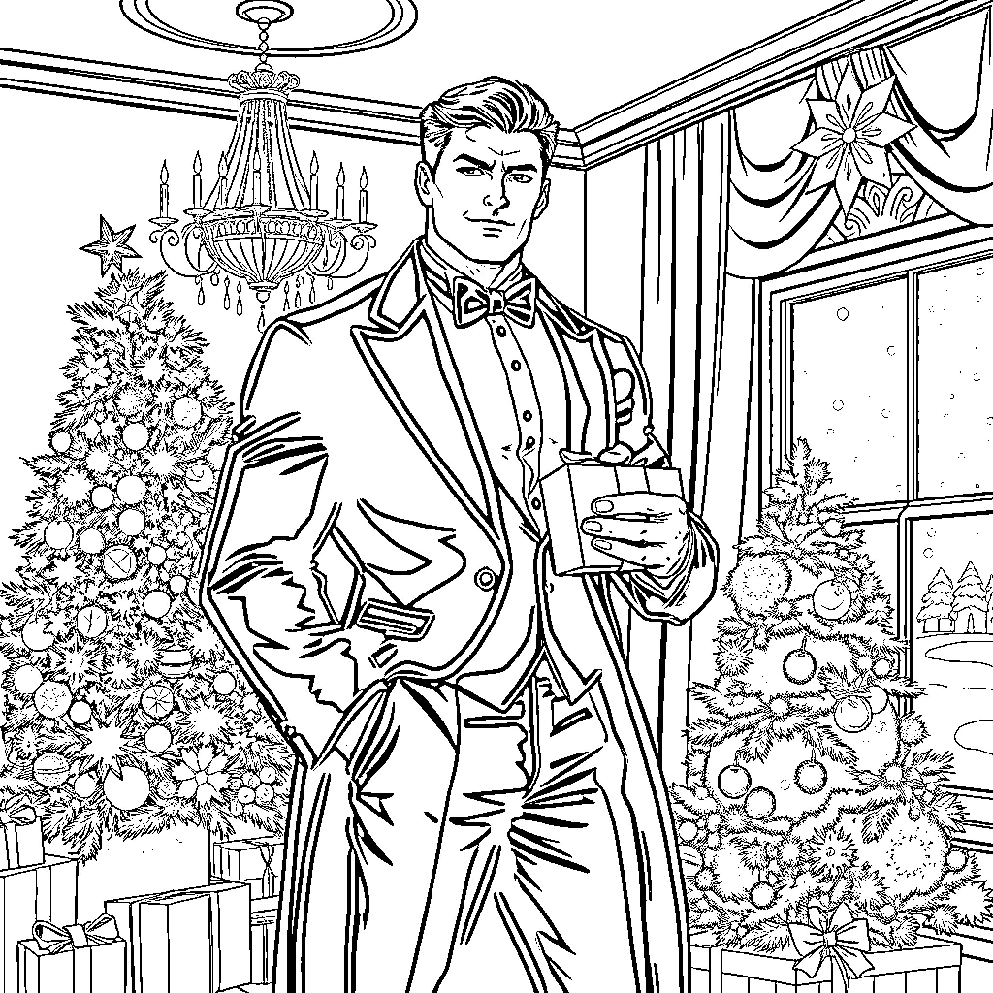 Man in formal attire standing in a decorated Christmas scene Coloring Page (free black-and-white line drawing printable PDF for all, from beginners to advanced learners, including children, teens, adults, and seniors)
