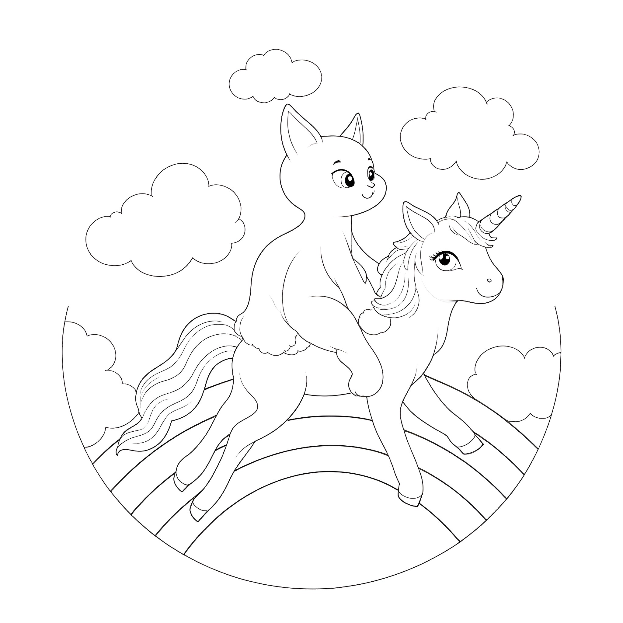 Cat riding a unicorn in a whimsical landscape Coloring Page (free black-and-white line drawing printable PDF for all, from beginners to advanced learners, including children, teens, adults, and seniors)