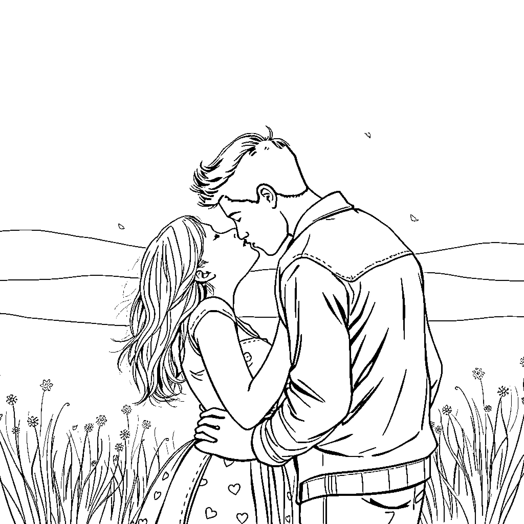 Girl and boy embracing in a field of flowers Coloring Page (free black-and-white line drawing printable PDF for all, from beginners to advanced learners, including children, teens, adults, and seniors)
