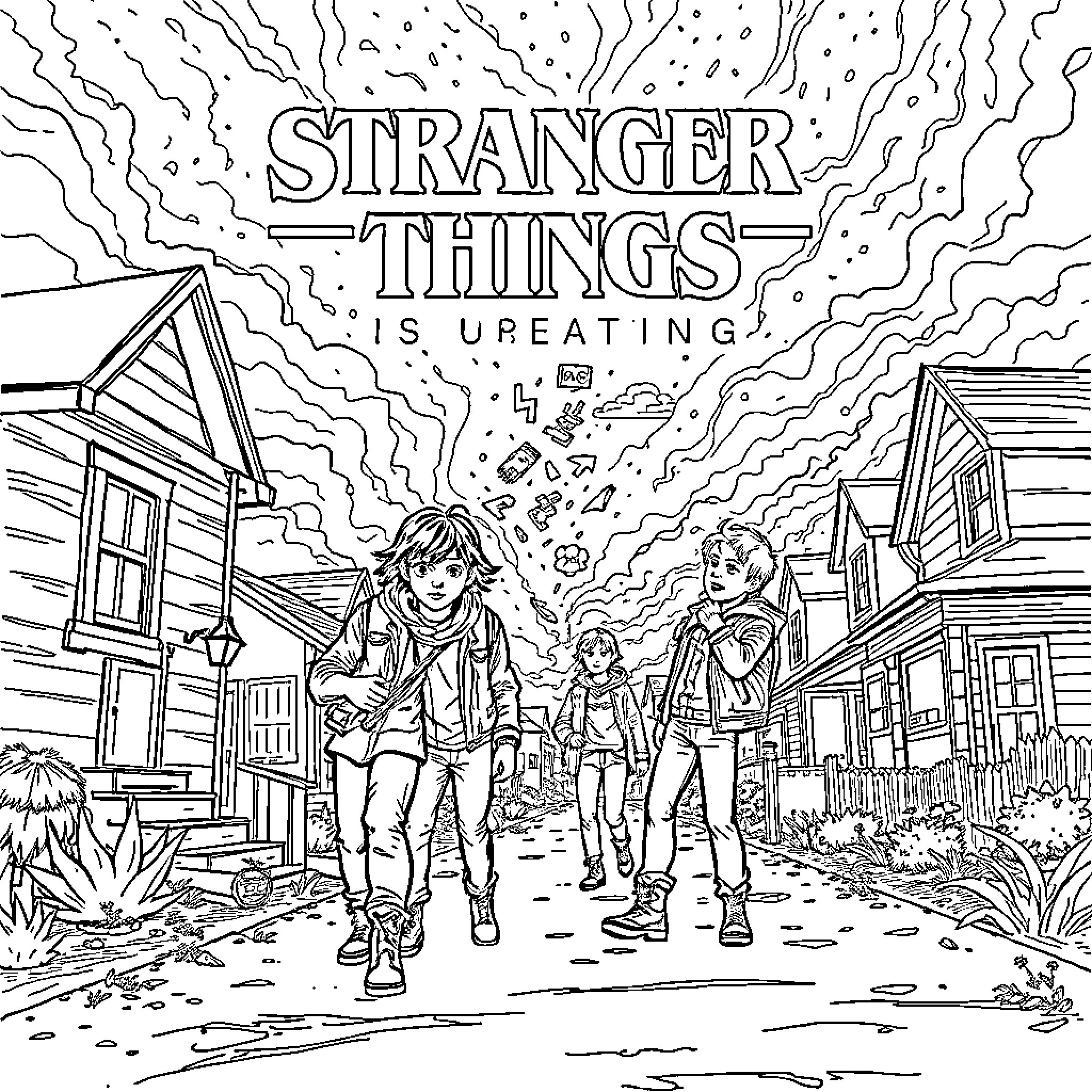 Stranger Things: Exploring the Mysterious Coloring Page (free black-and-white line drawing printable PDF for all, from beginners to advanced learners, including children, teens, adults, and seniors)