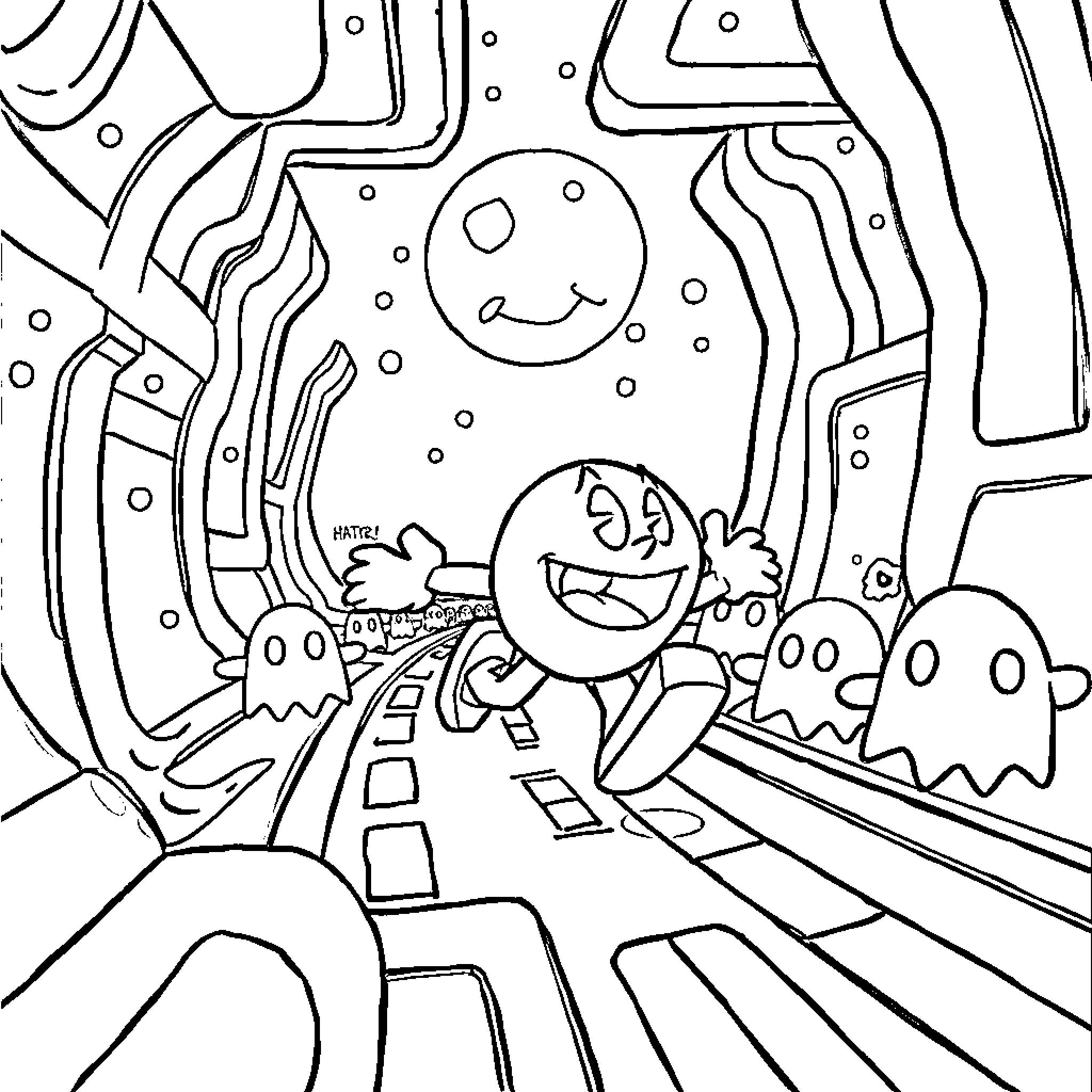 Pac-Man exploring a whimsical, abstract world Coloring Page (free black-and-white line drawing printable PDF for all, from beginners to advanced learners, including children, teens, adults, and seniors)