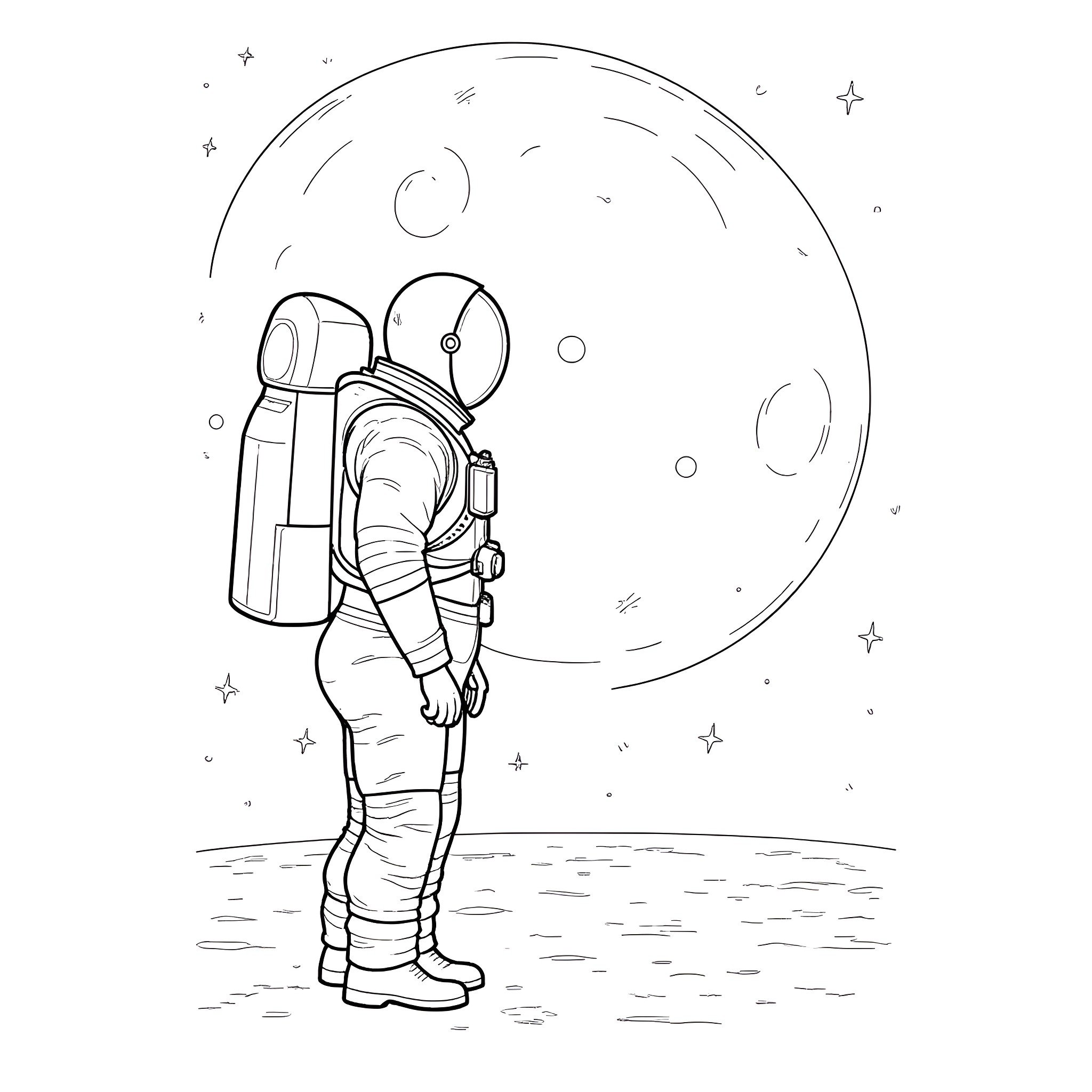 Buzz Aldrin exploring the lunar surface Coloring Page (free black-and-white line drawing printable PDF for all, from beginners to advanced learners, including children, teens, adults, and seniors)