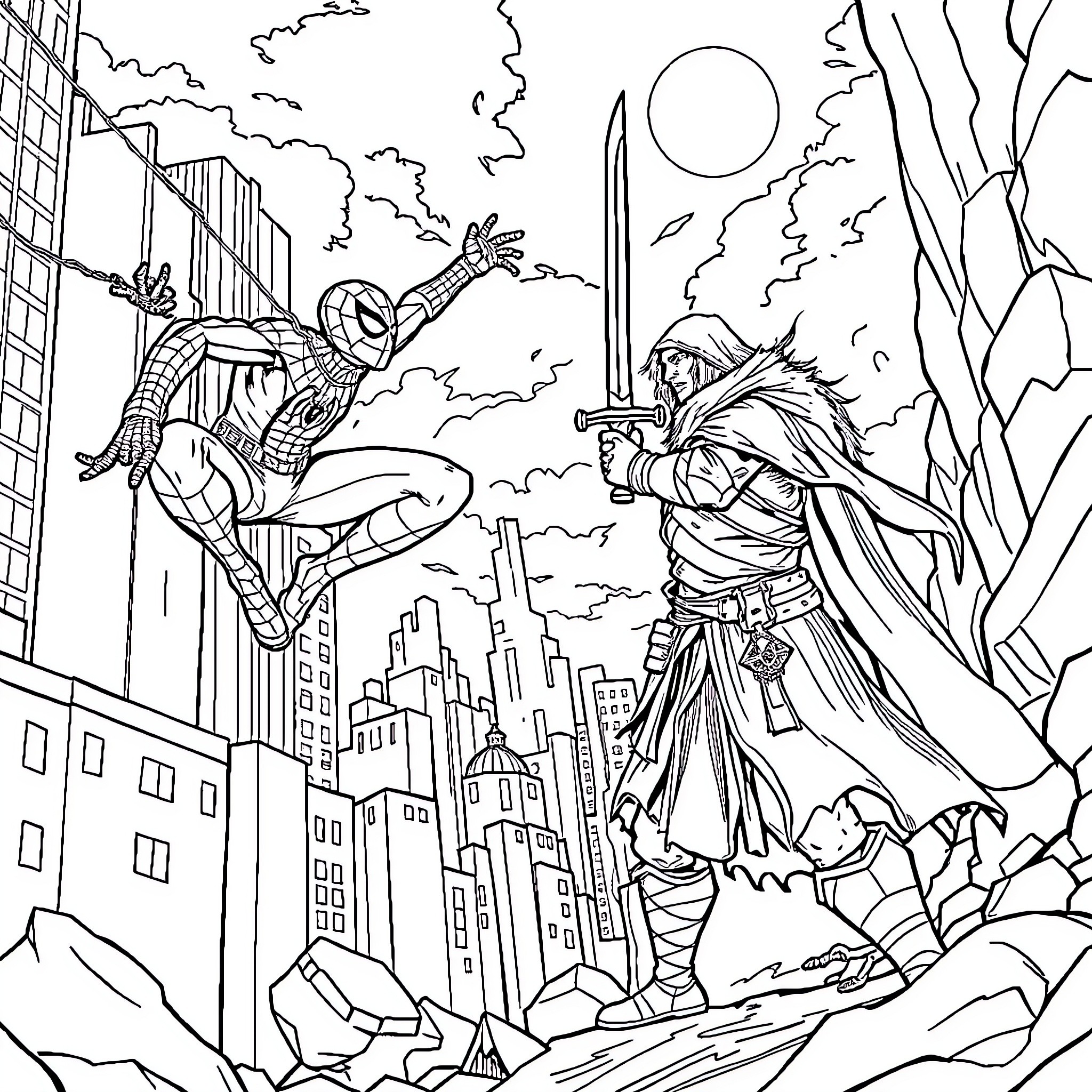 Spider-Man battling a villain in the city skyline Coloring Page (free black-and-white line drawing printable PDF for all, from beginners to advanced learners, including children, teens, adults, and seniors)