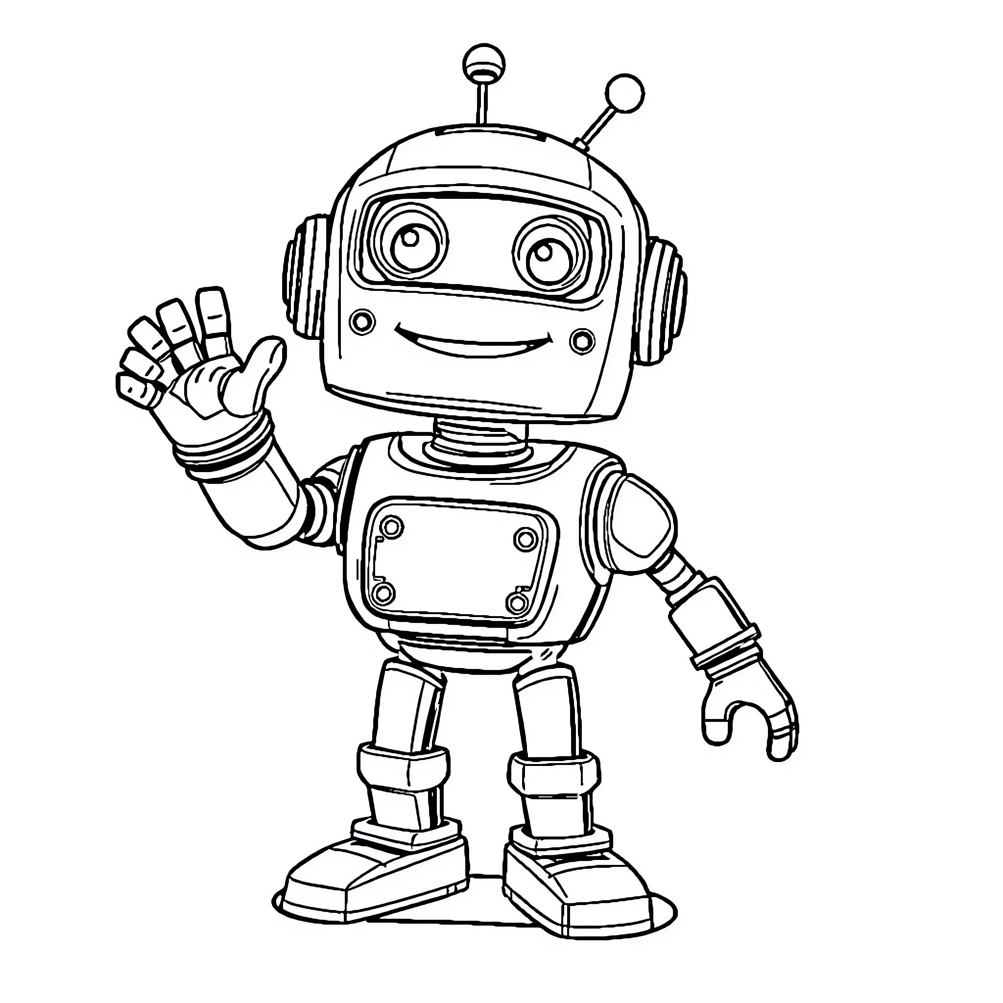 Robot waving friendly greeting Coloring Page (free black-and-white line drawing printable PDF for all, from beginners to advanced learners, including children, teens, adults, and seniors)