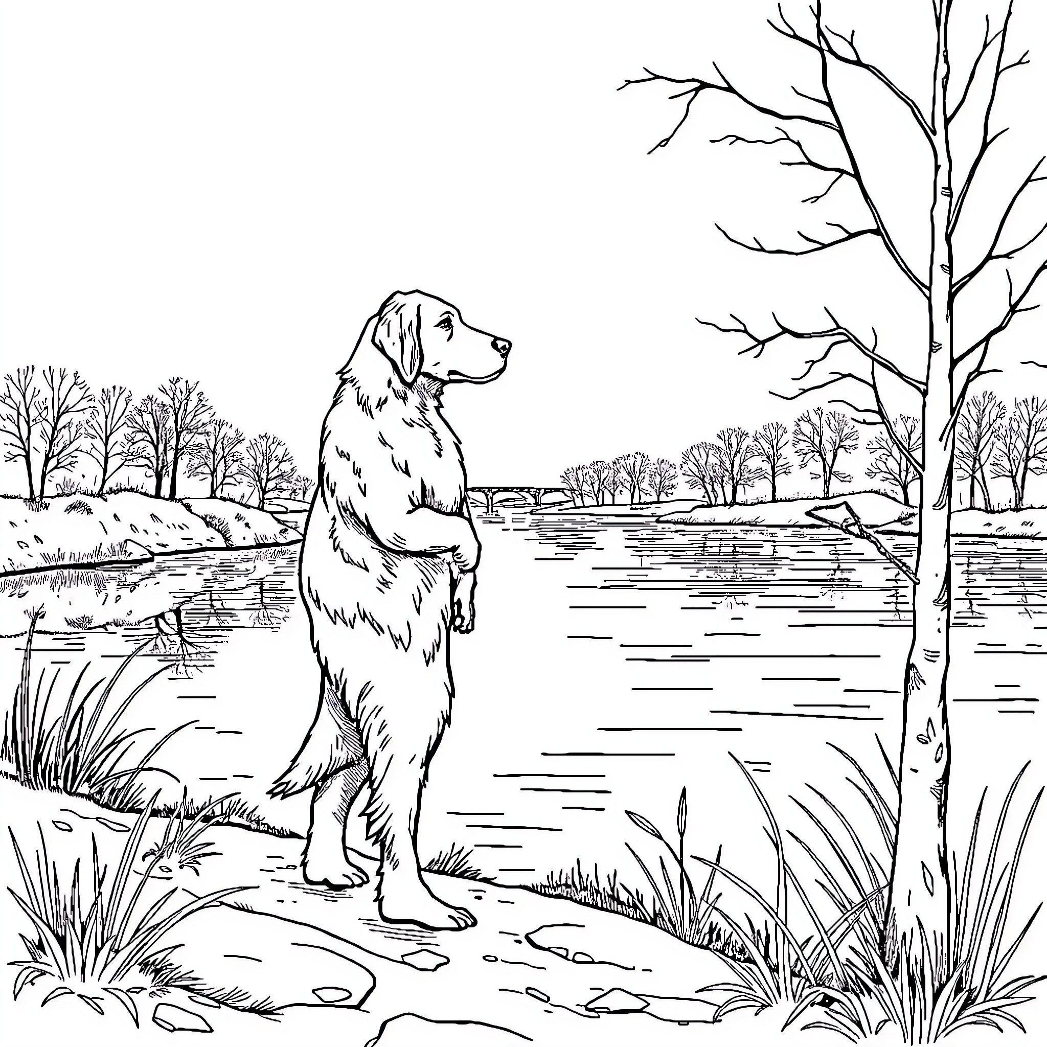 Hudson by the serene lake during autumn Coloring Page (free black-and-white line drawing printable PDF for all, from beginners to advanced learners, including children, teens, adults, and seniors)