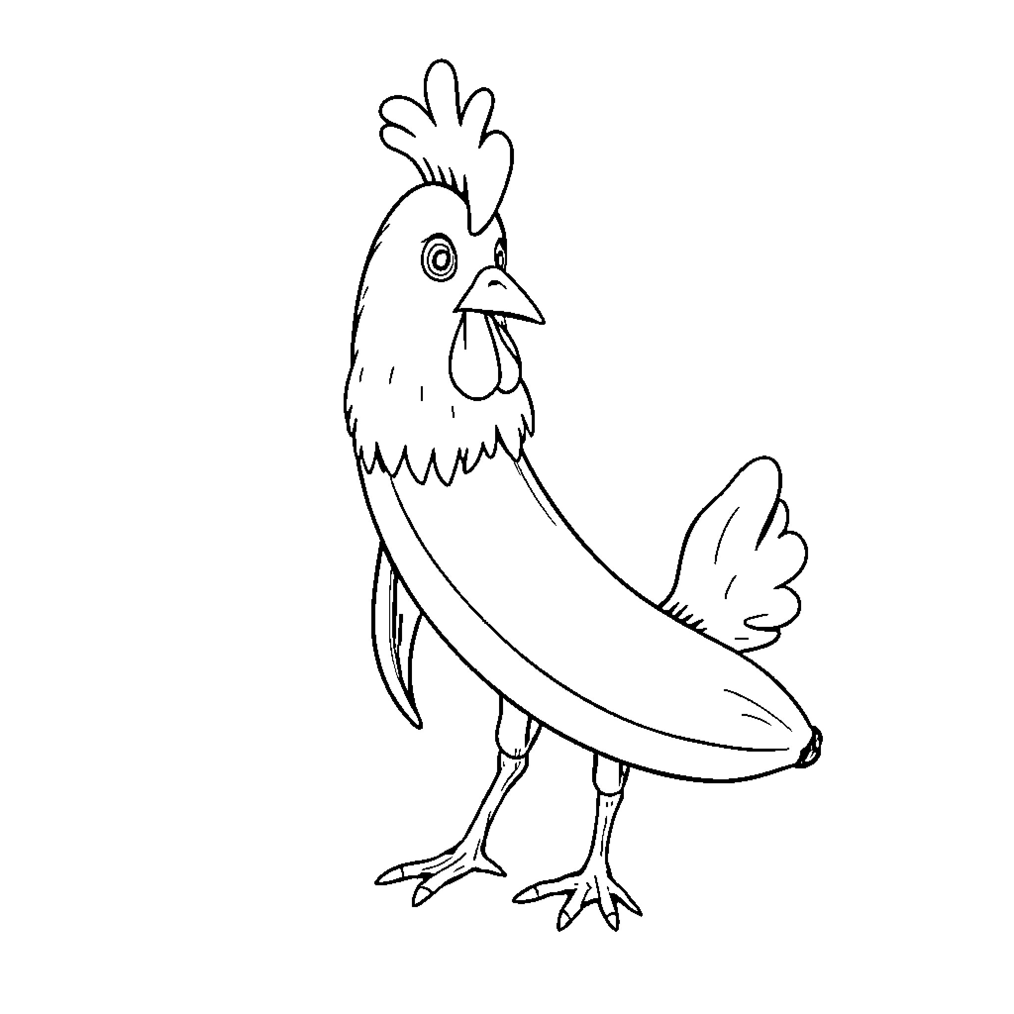 Banana-shaped chicken perched on a branch Coloring Page (free black-and-white line drawing printable PDF for all, from beginners to advanced learners, including children, teens, adults, and seniors)