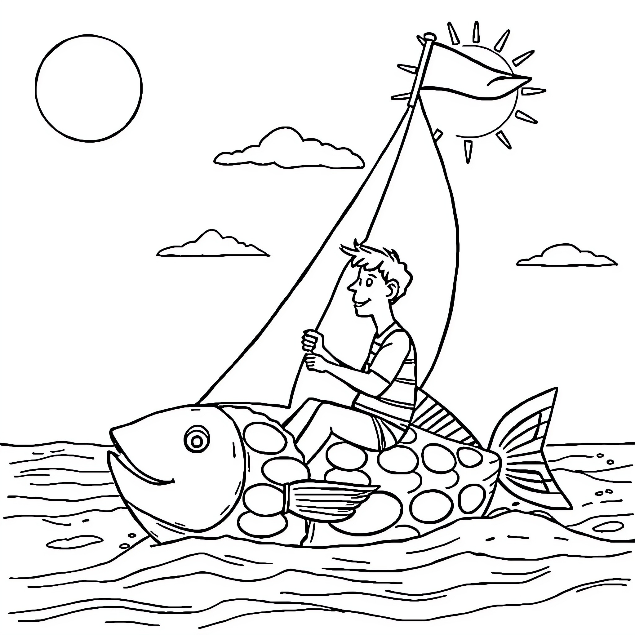 Dad sails his boat on a sunny day Coloring Page (free black-and-white line drawing printable PDF for all, from beginners to advanced learners, including children, teens, adults, and seniors)