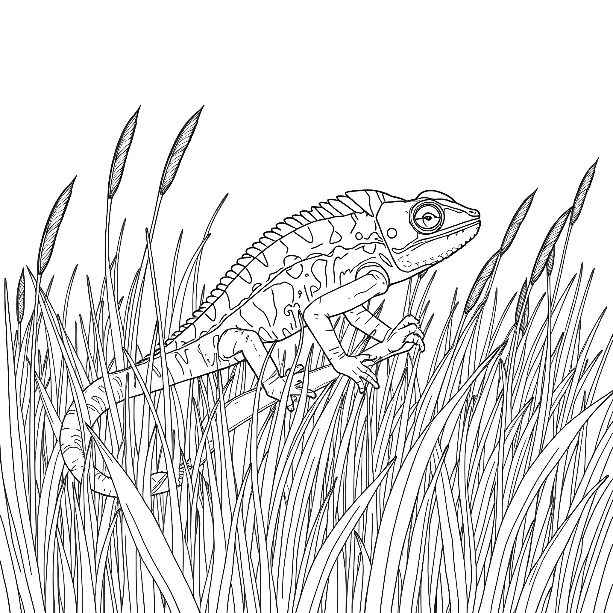 Chameleon hiding in tall grass Coloring Page (free black-and-white line drawing printable PDF for all, from beginners to advanced learners, including children, teens, adults, and seniors)