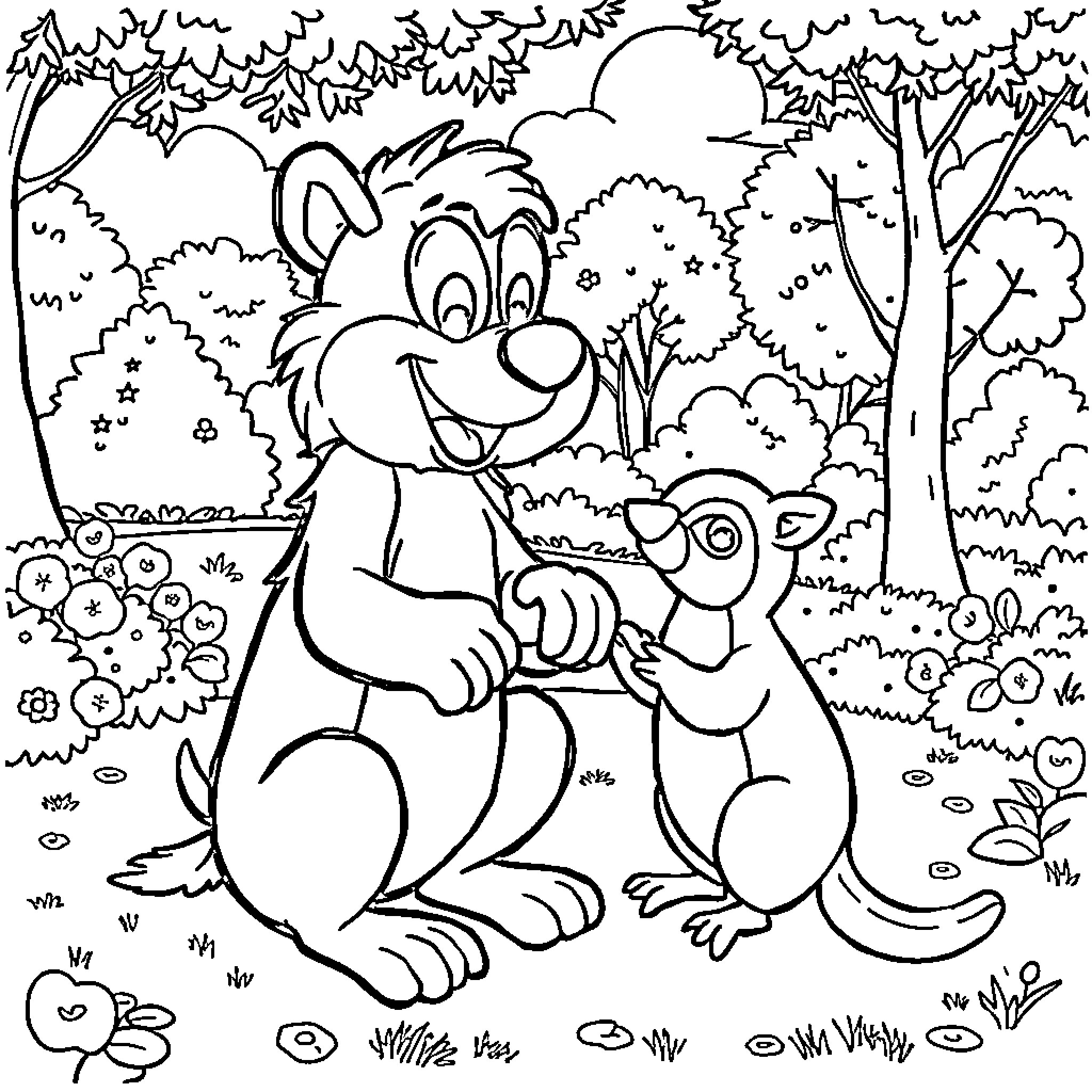 Playful Woodland Critters Explore Nature Coloring Page (free black-and-white line drawing printable PDF for all, from beginners to advanced learners, including children, teens, adults, and seniors)