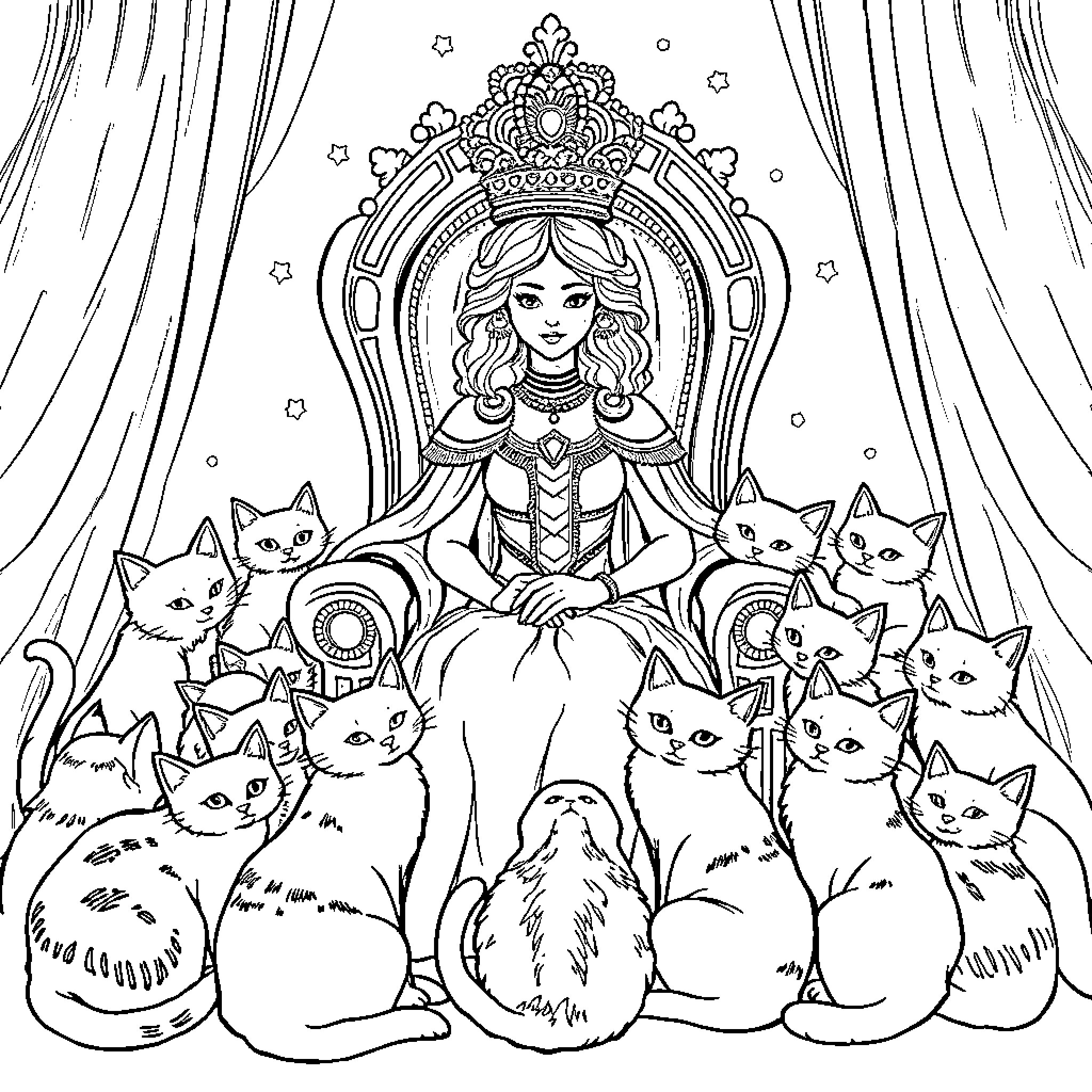 Queen of Cats and Her Feline Court Coloring Page (free black-and-white line drawing printable PDF for all, from beginners to advanced learners, including children, teens, adults, and seniors)