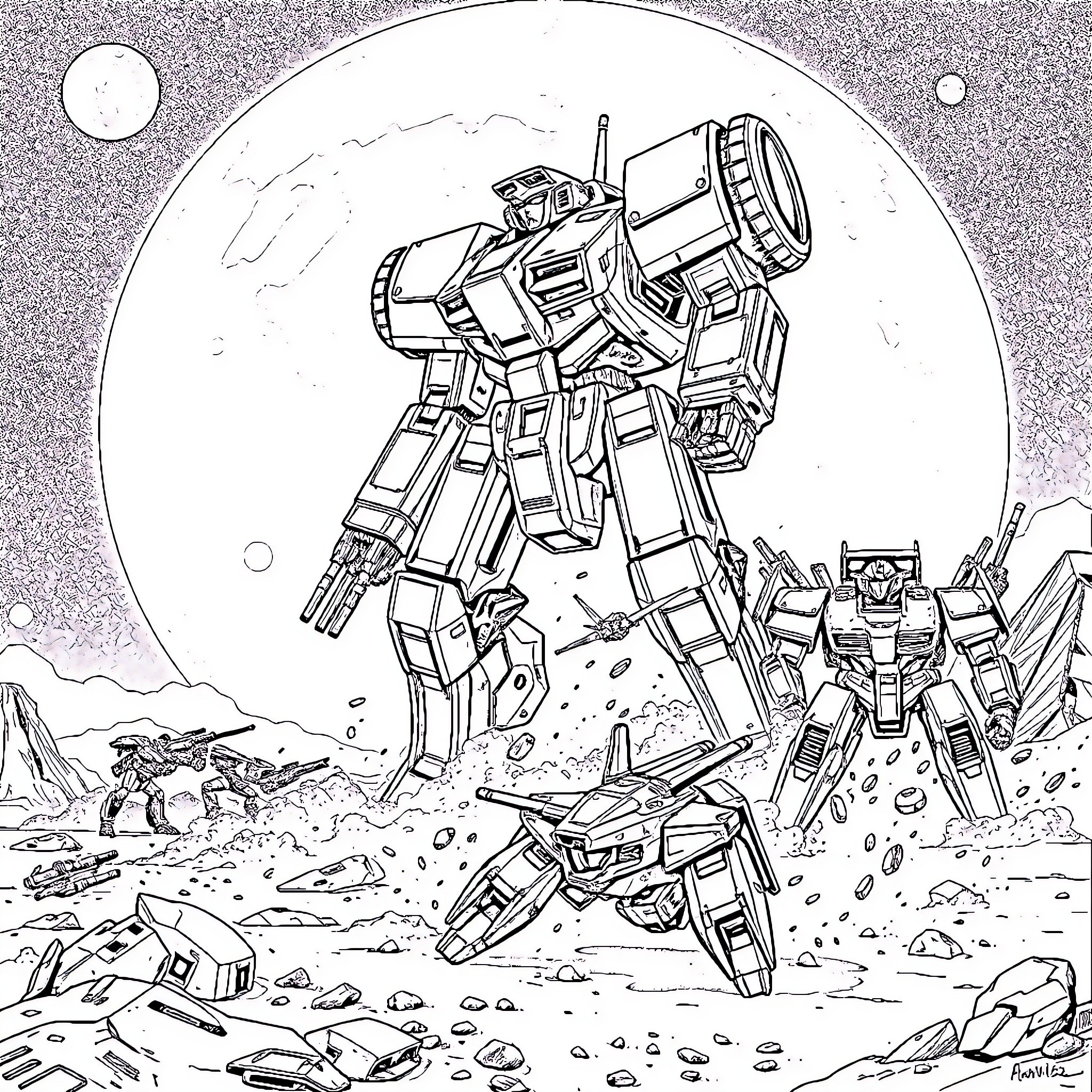 Mech warriors battle in an alien landscape Coloring Page (free black-and-white line drawing printable PDF for all, from beginners to advanced learners, including children, teens, adults, and seniors)