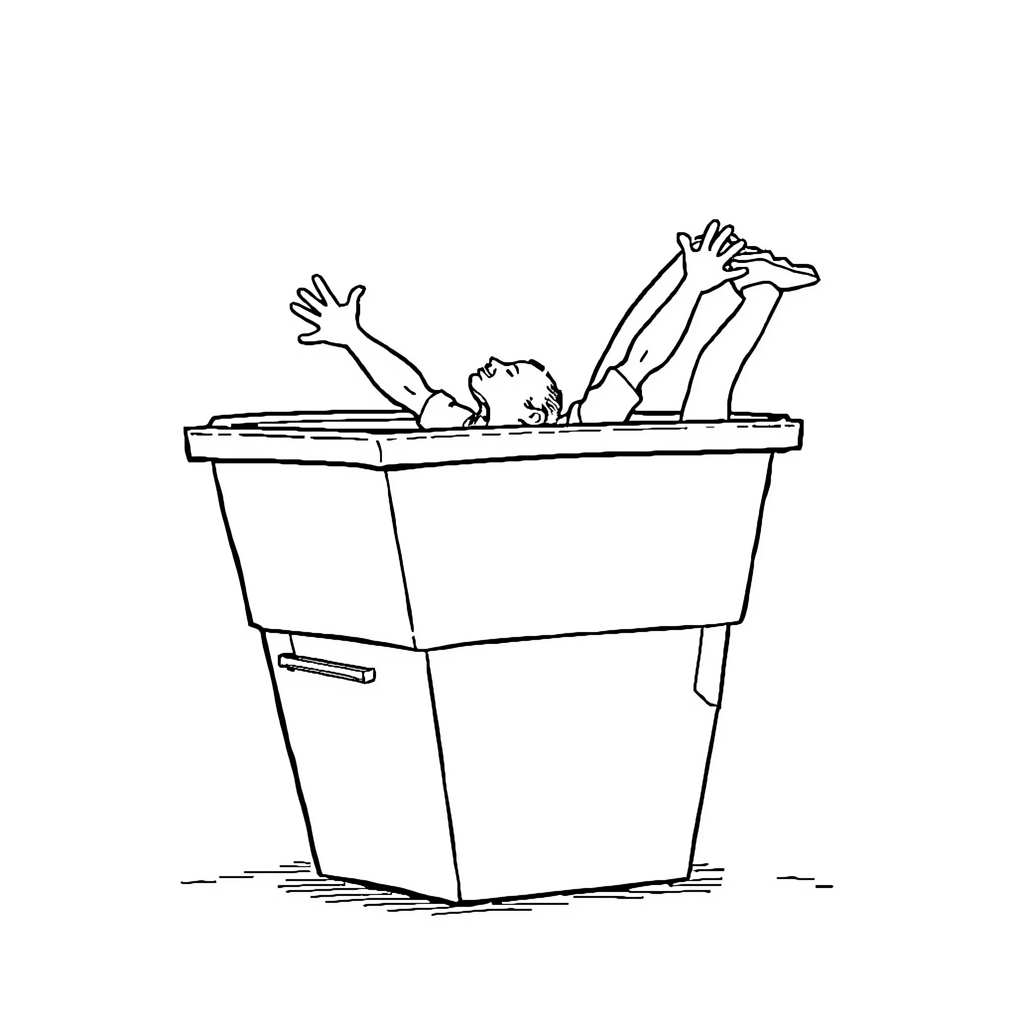 Person struggling in a large container Coloring Page (free black-and-white line drawing printable PDF for all, from beginners to advanced learners, including children, teens, adults, and seniors)