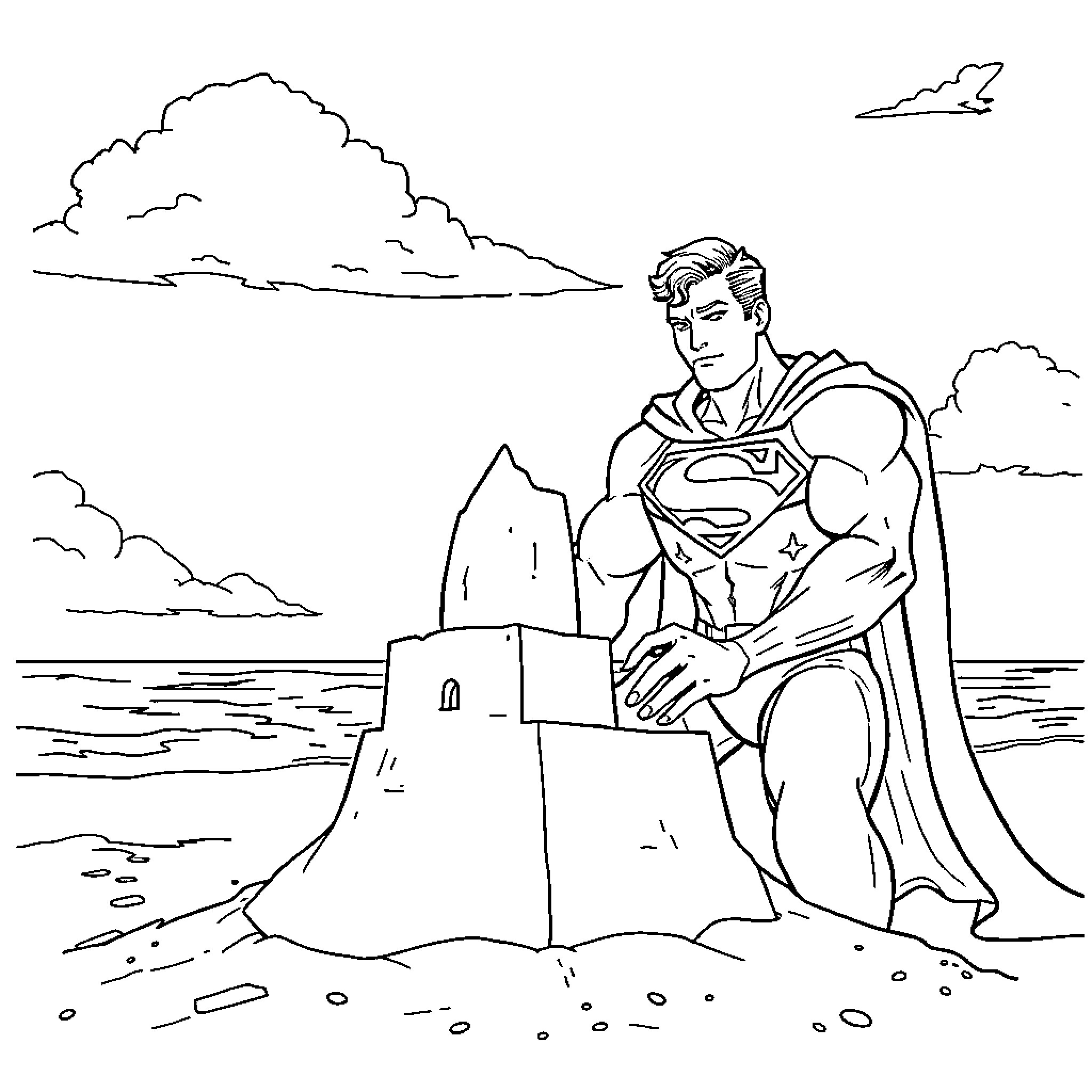 Superman builds a sand castle on the beach Coloring Page (free black-and-white line drawing printable PDF for all, from beginners to advanced learners, including children, teens, adults, and seniors)