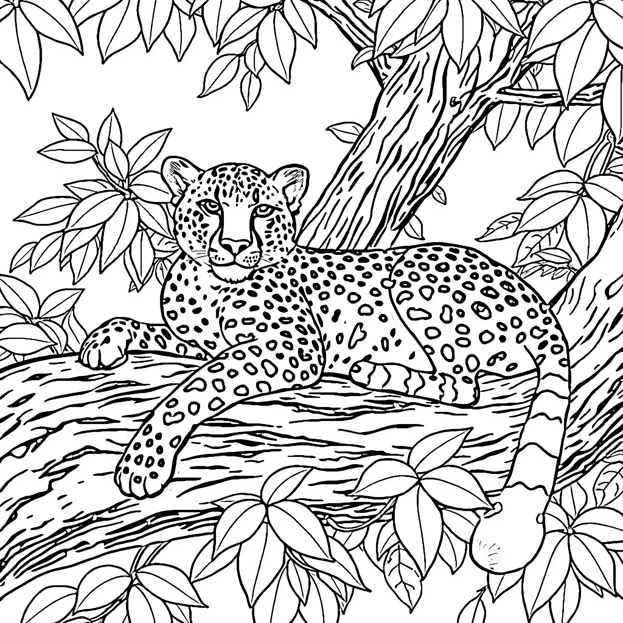 Cheetah relaxing in lush jungle foliage Coloring Page (free black-and-white line drawing printable PDF for all, from beginners to advanced learners, including children, teens, adults, and seniors)