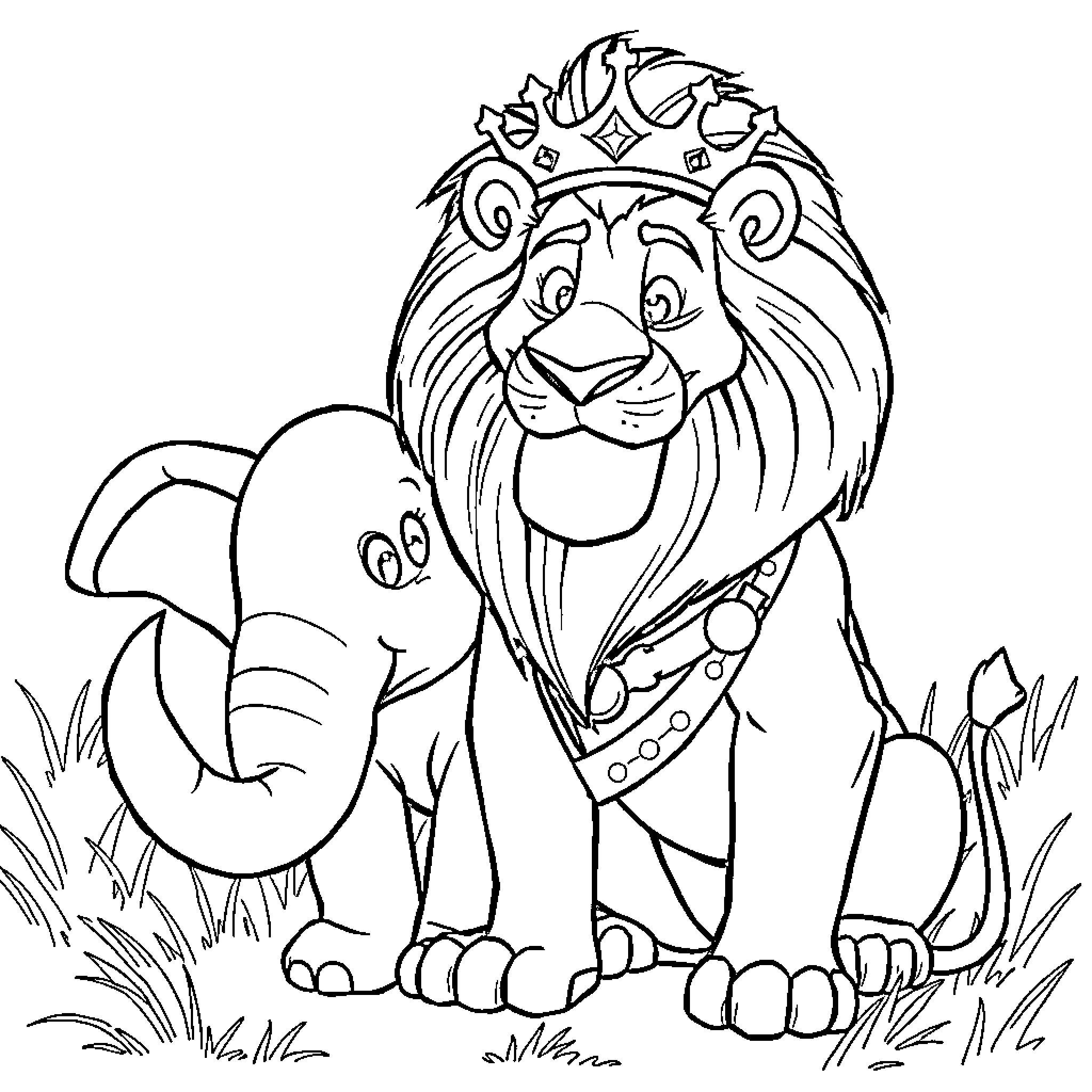 Lion and elephant in the wild Coloring Page (free black-and-white line drawing printable PDF for all, from beginners to advanced learners, including children, teens, adults, and seniors)