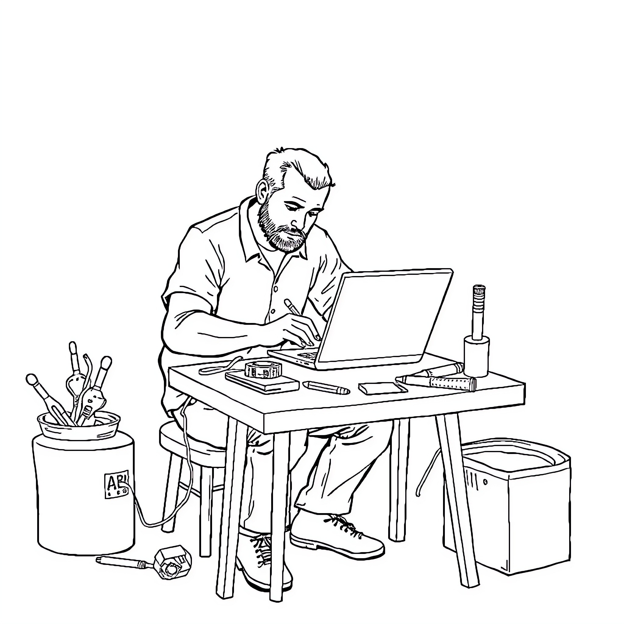 Man working diligently on his laptop at a cluttered desk Coloring Page (free black-and-white line drawing printable PDF for all, from beginners to advanced learners, including children, teens, adults, and seniors)