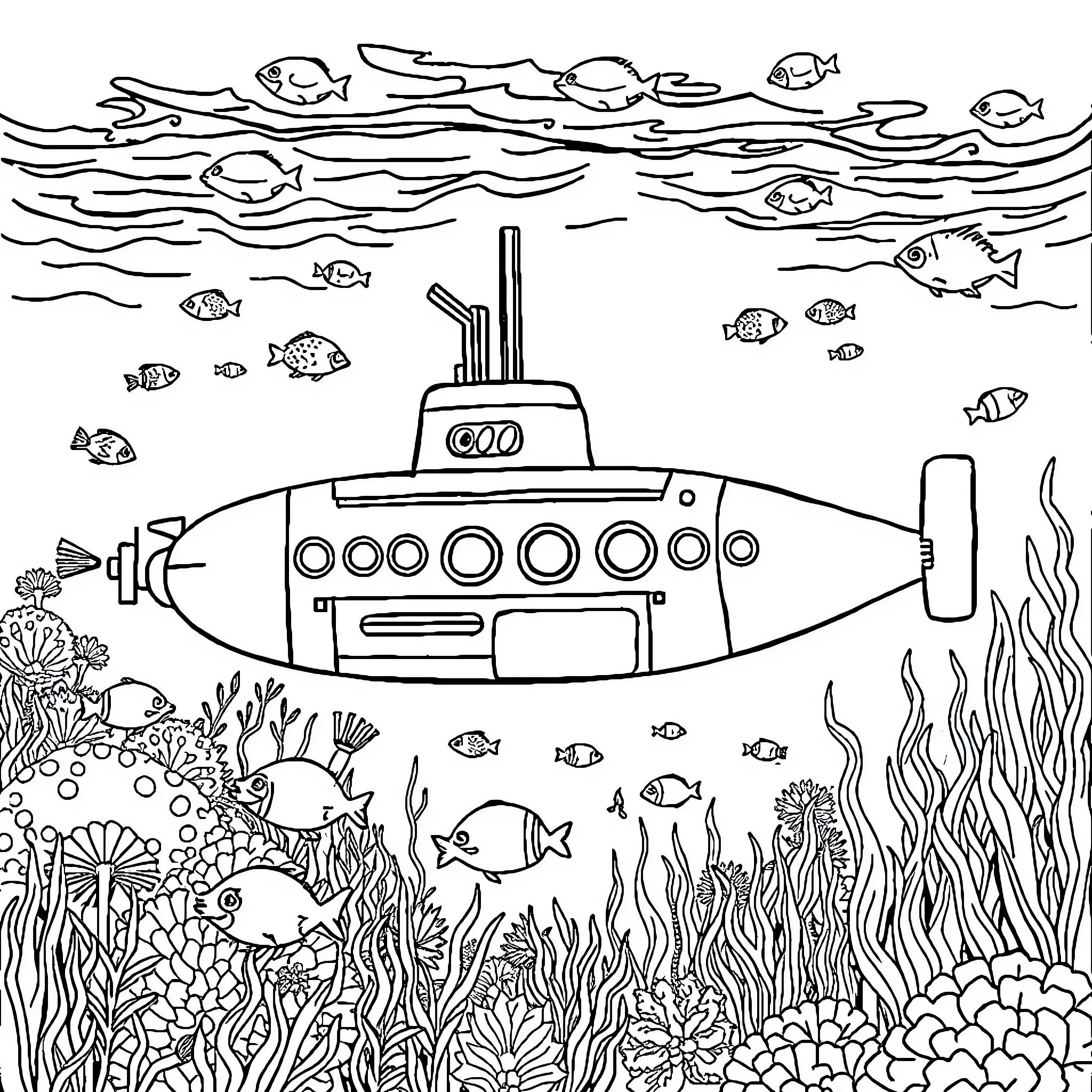 Submarine exploring the vibrant underwater world Coloring Page (free black-and-white line drawing printable PDF for all, from beginners to advanced learners, including children, teens, adults, and seniors)