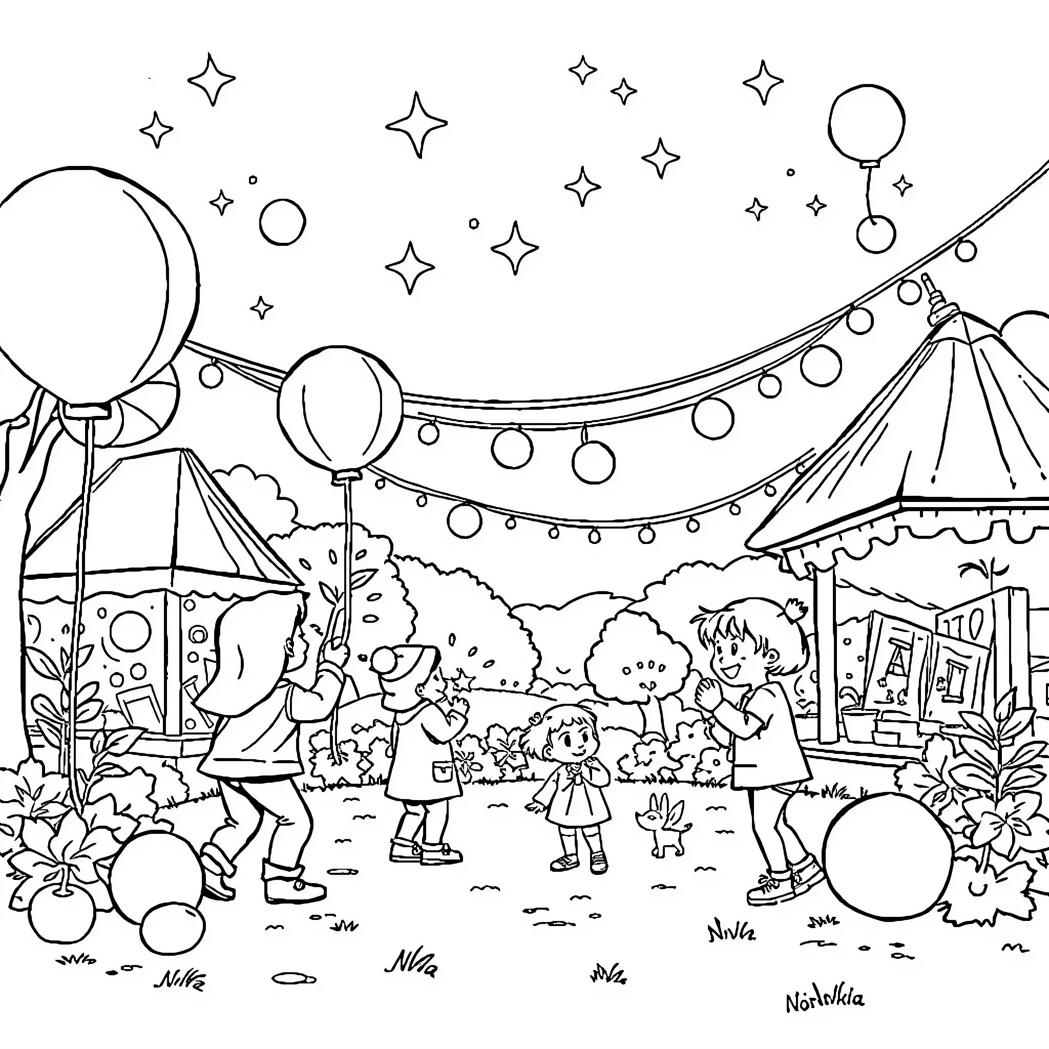Children enjoying a festive carnival scene Coloring Page (free black-and-white line drawing printable PDF for all, from beginners to advanced learners, including children, teens, adults, and seniors)