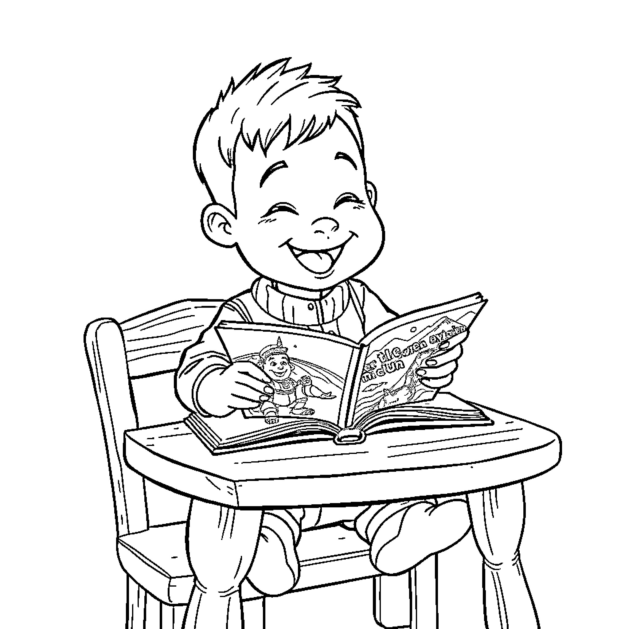 Udin Din enjoying a storybook at his desk Coloring Page (free black-and-white line drawing printable PDF for all, from beginners to advanced learners, including children, teens, adults, and seniors)