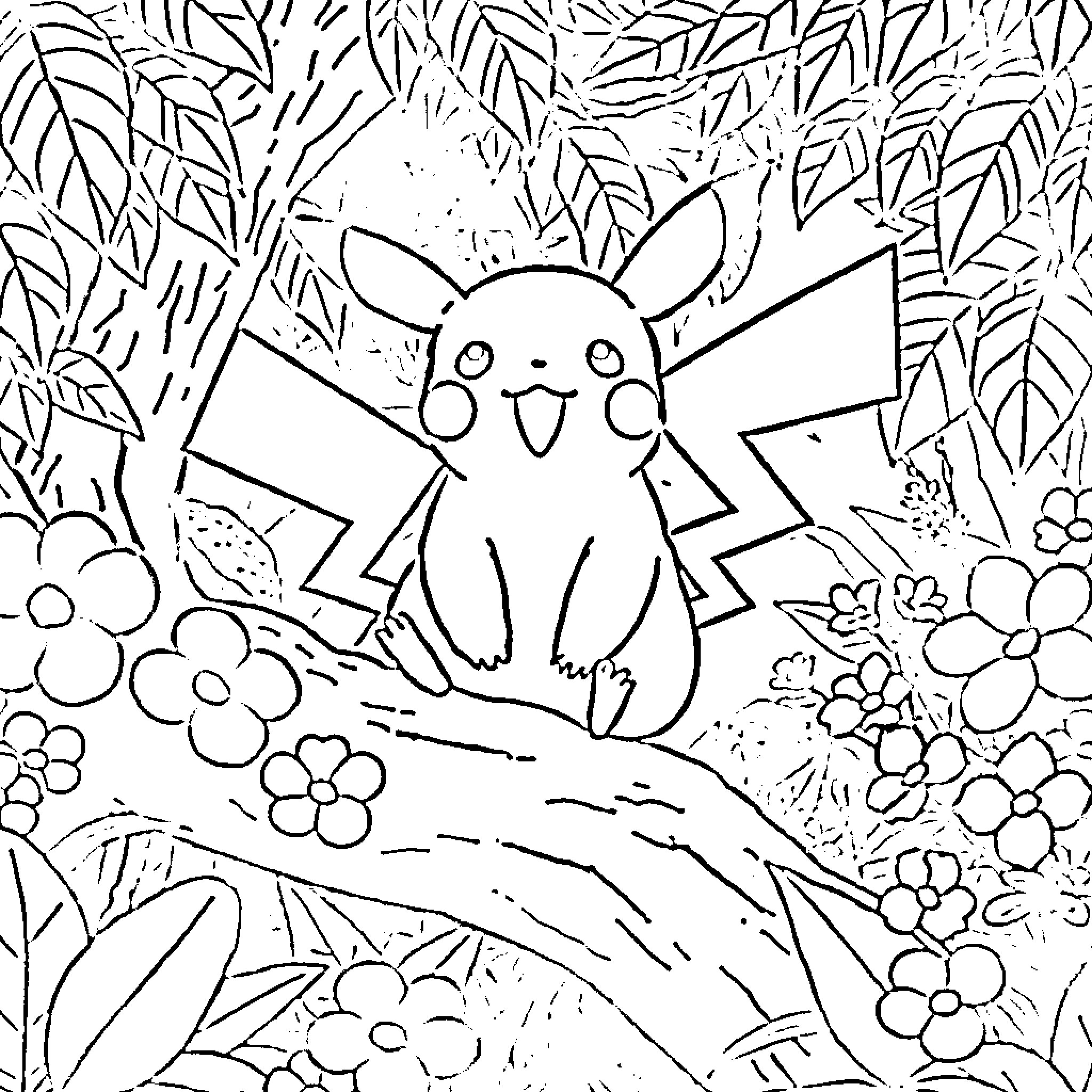 Pikachu enjoying a floral meadow Coloring Page (free black-and-white line drawing printable PDF for all, from beginners to advanced learners, including children, teens, adults, and seniors)