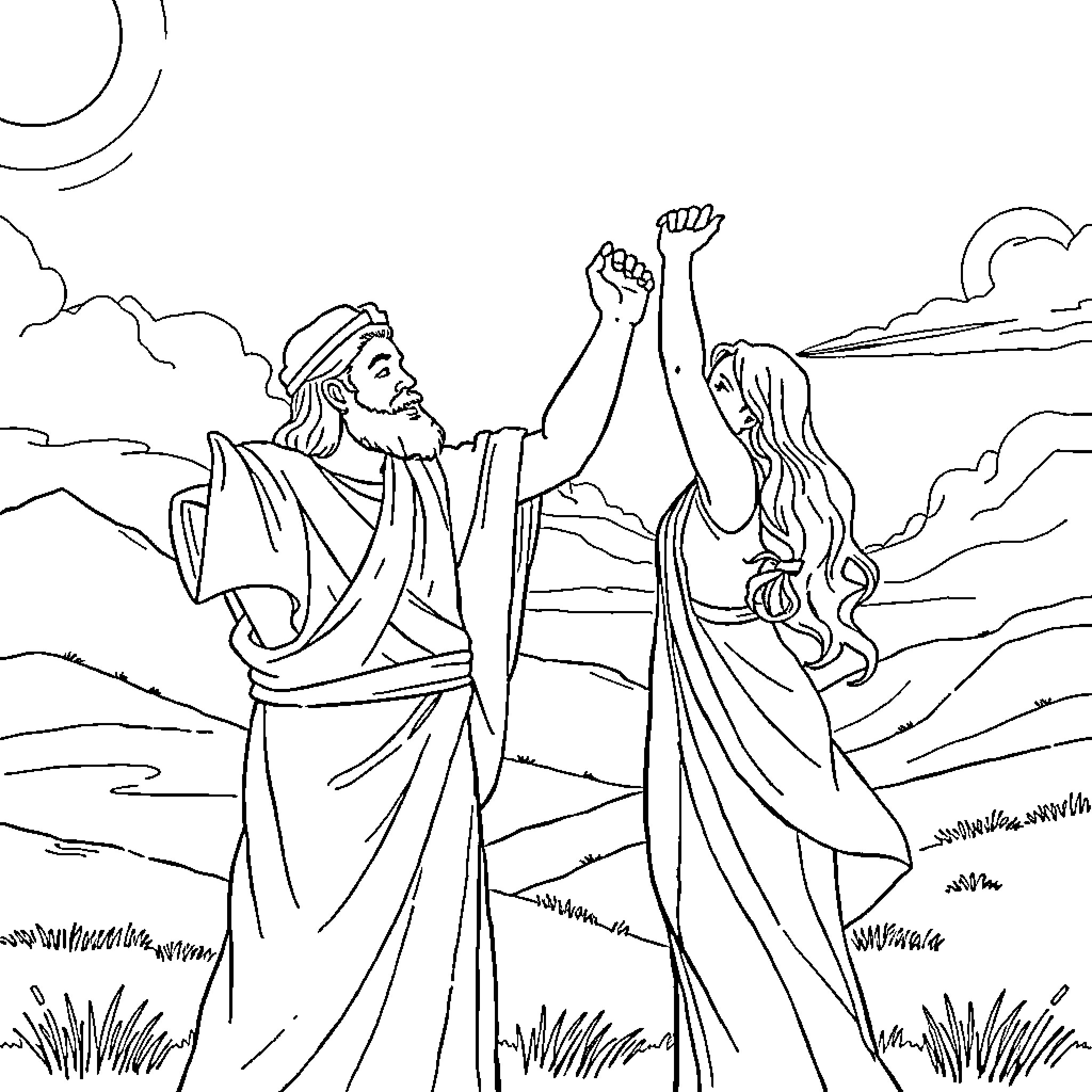 Moses and Miriam worshiping the Lord in the wilderness Coloring Page (free black-and-white line drawing printable PDF for all, from beginners to advanced learners, including children, teens, adults, and seniors)