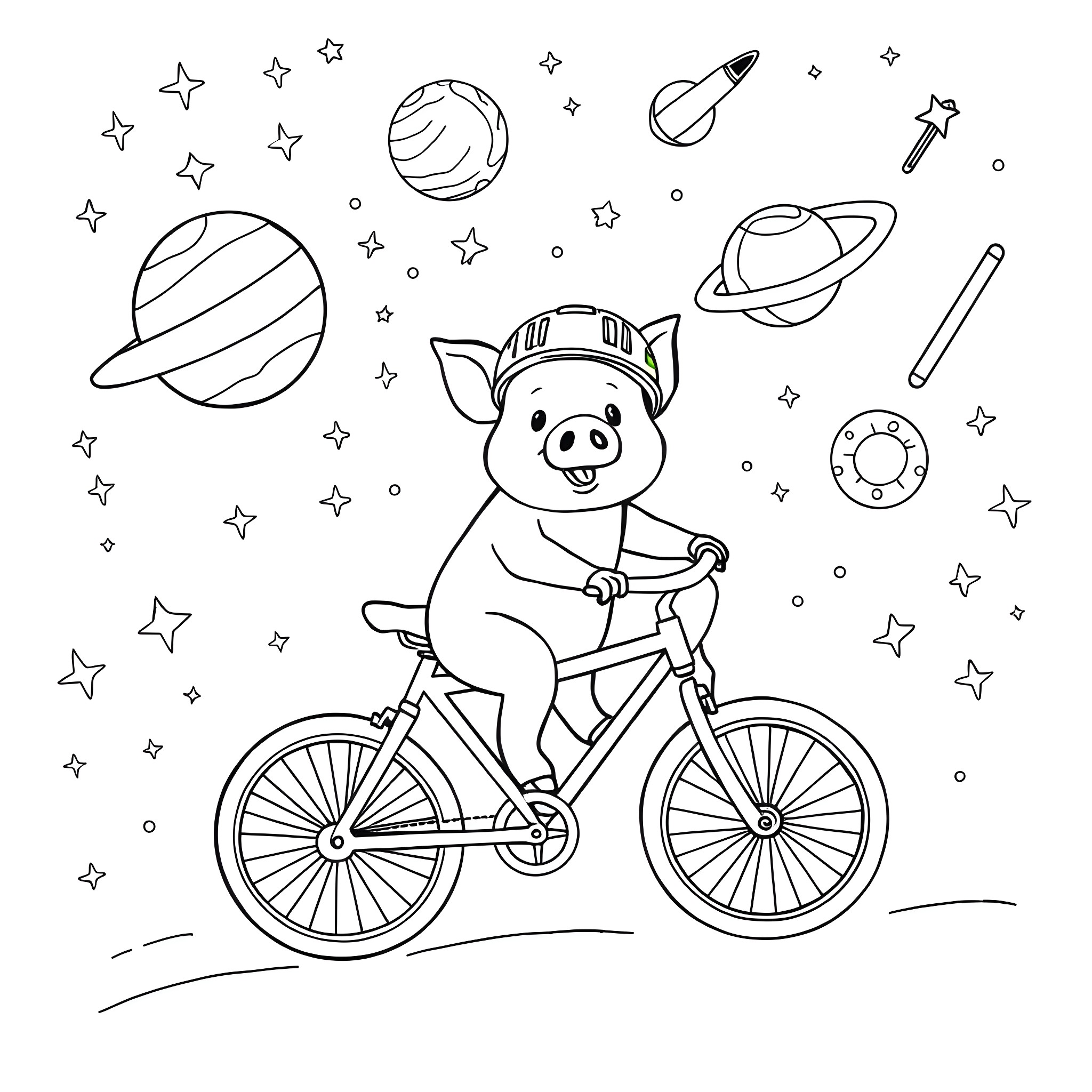 Pig riding bicycle in space with planets Coloring Page (free black-and-white line drawing printable PDF for all, from beginners to advanced learners, including children, teens, adults, and seniors)