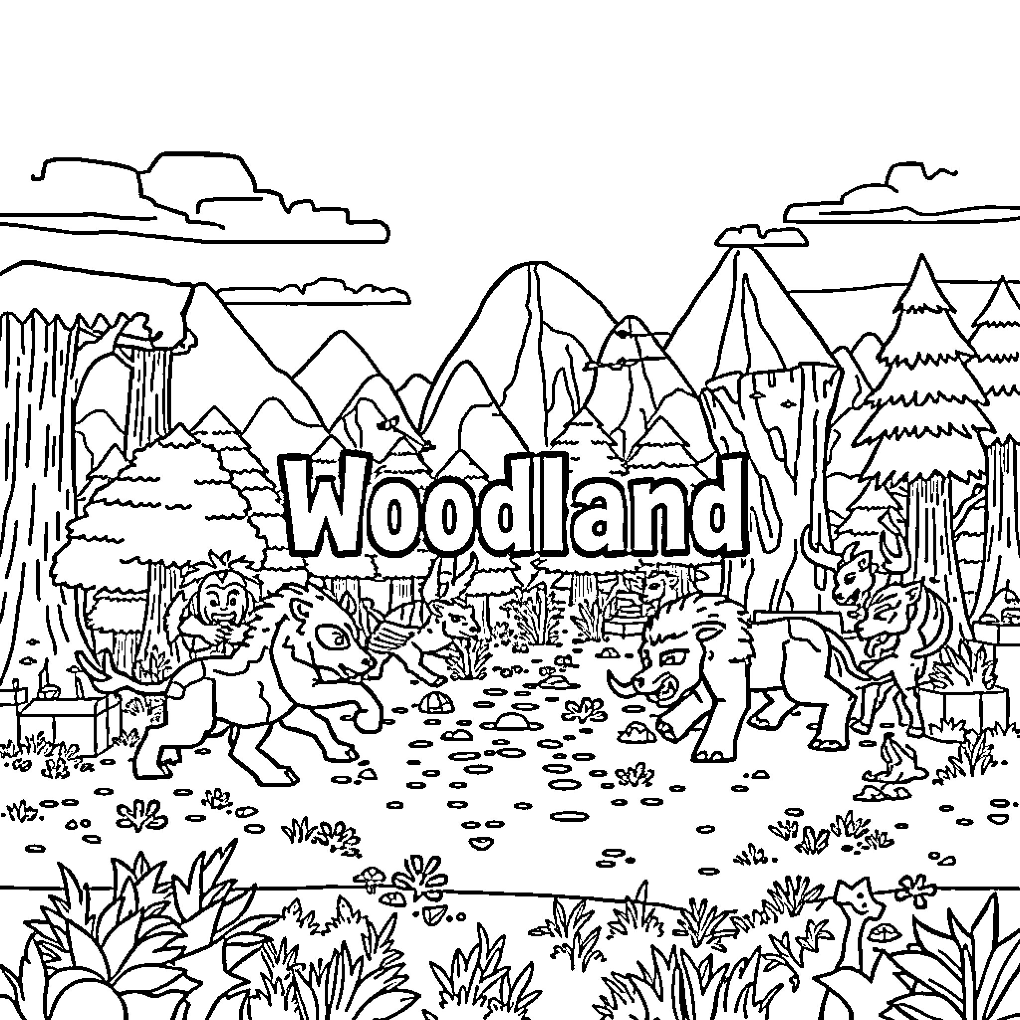 Woodland animals playing in the forest Coloring Page (free black-and-white line drawing printable PDF for all, from beginners to advanced learners, including children, teens, adults, and seniors)