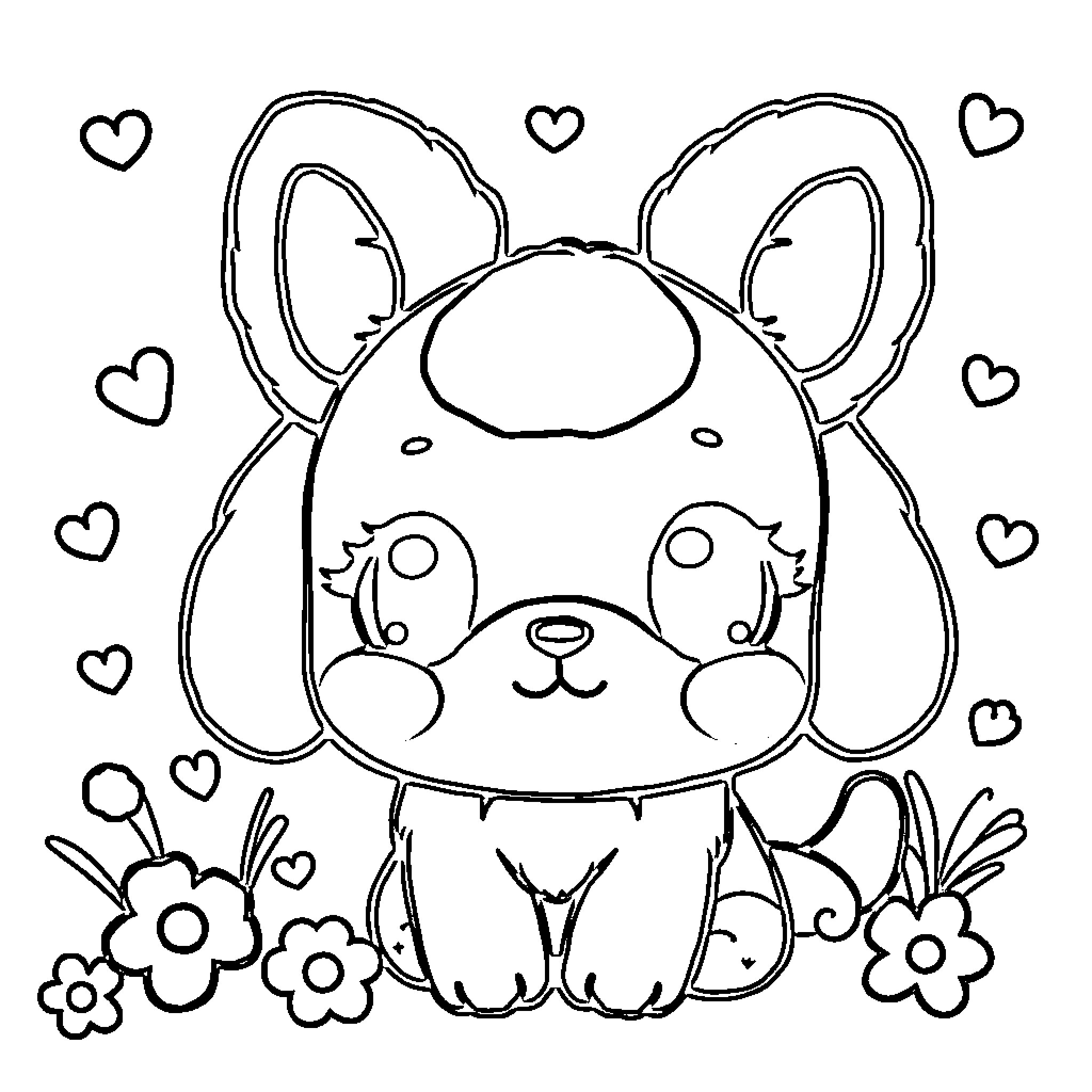Cinnamon the Cute Puppy with Flowers Coloring Page (free black-and-white line drawing printable PDF for all, from beginners to advanced learners, including children, teens, adults, and seniors)