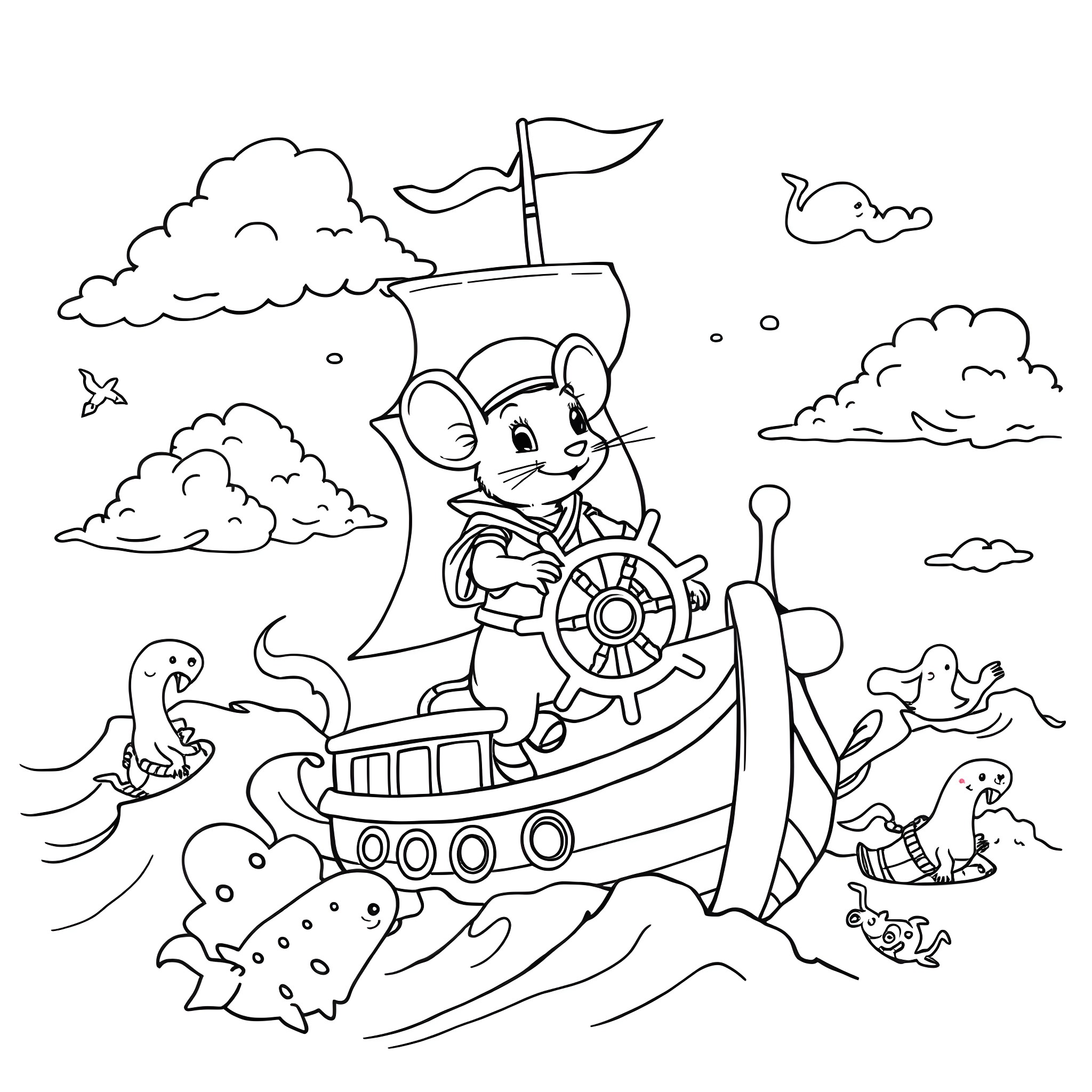 Mouse sailing a ship on the high seas Coloring Page (free black-and-white line drawing printable PDF for all, from beginners to advanced learners, including children, teens, adults, and seniors)