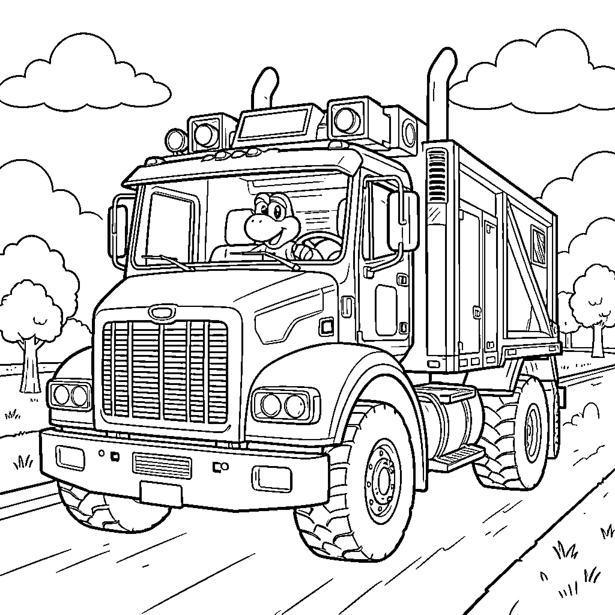 Yoshi's Big Truck Adventure Coloring Page (free black-and-white line drawing printable PDF for all, from beginners to advanced learners, including children, teens, adults, and seniors)