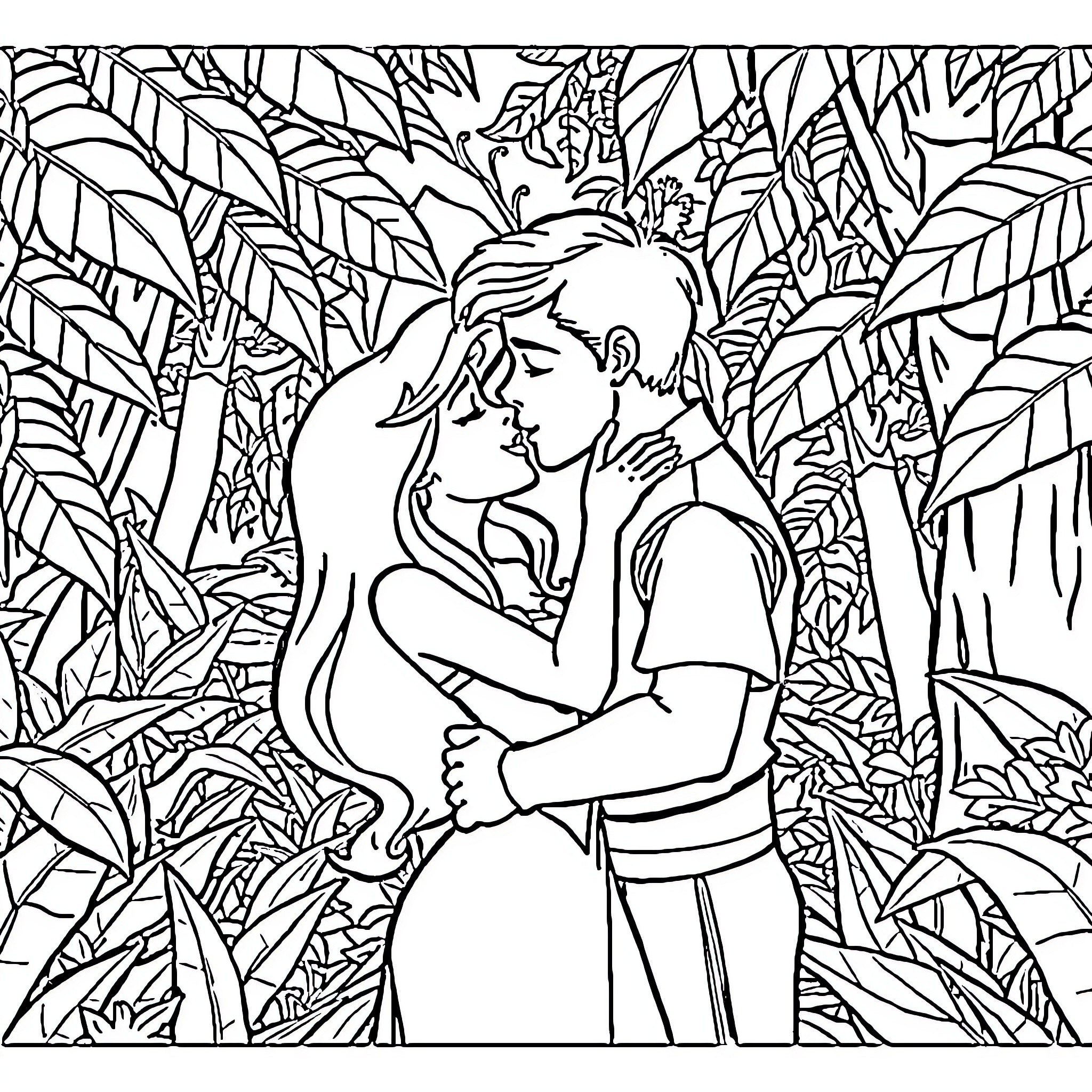 Ariel's Tropical Embrace Coloring Page (free black-and-white line drawing printable PDF for all, from beginners to advanced learners, including children, teens, adults, and seniors)