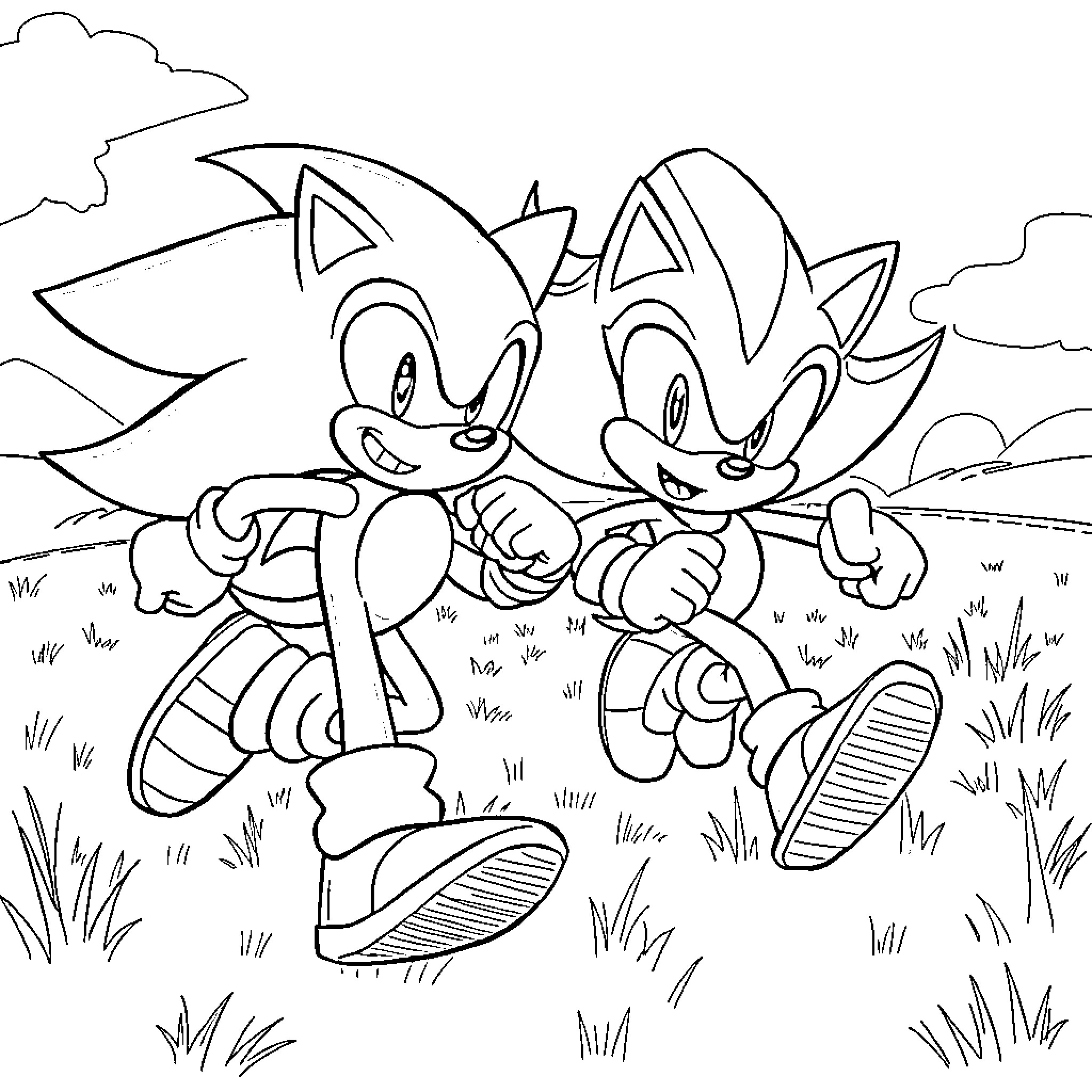 Sonic Characters Running Joyfully in Nature Coloring Page (free black-and-white line drawing printable PDF for all, from beginners to advanced learners, including children, teens, adults, and seniors)