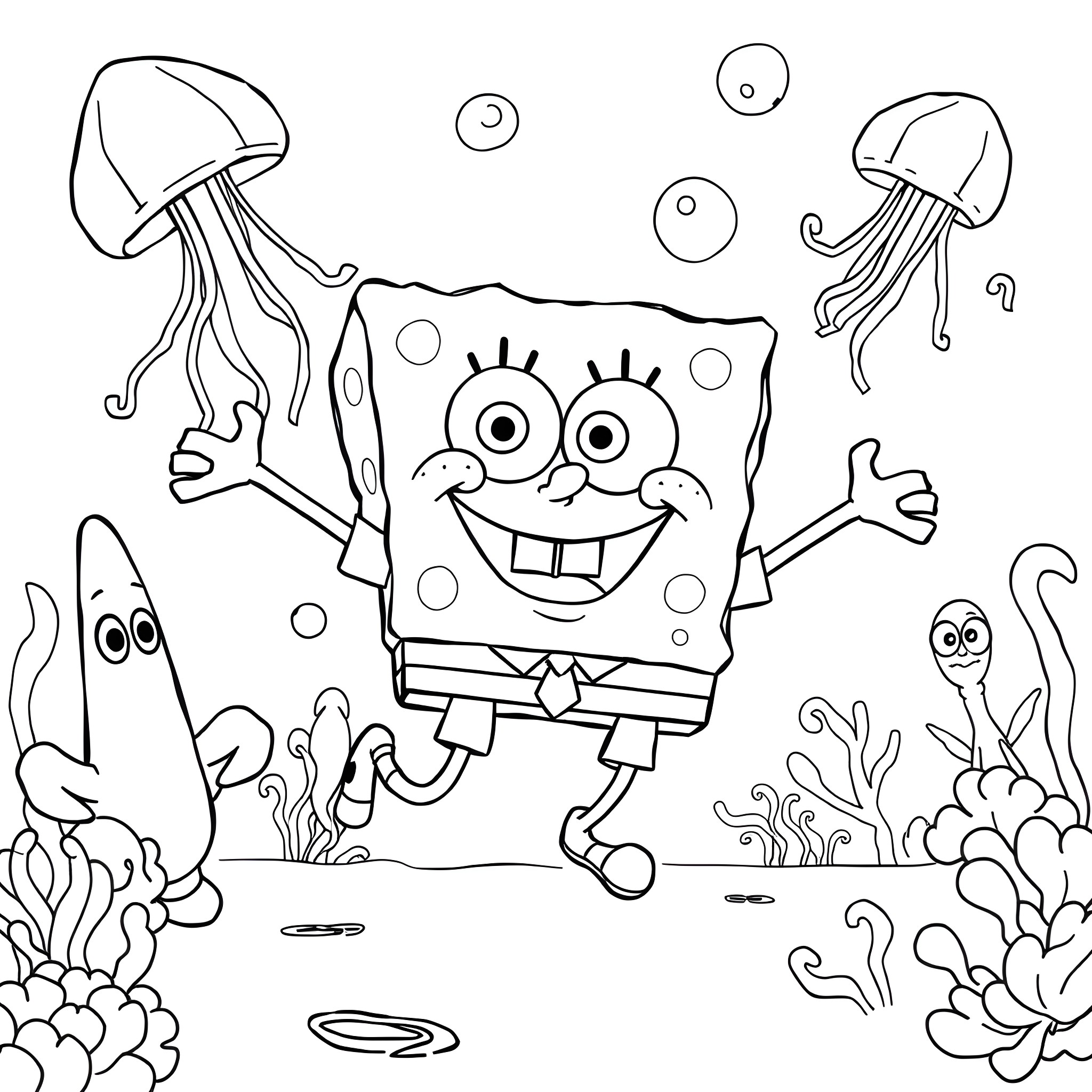 Spongebob in an underwater scene with jellyfish and sea creatures Coloring Page (free black-and-white line drawing printable PDF for all, from beginners to advanced learners, including children, teens, adults, and seniors)