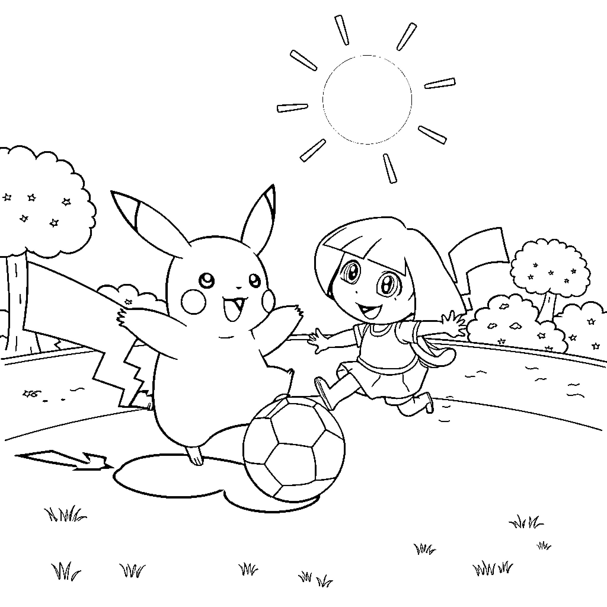 Pikachu playing soccer with a girl in the park Coloring Page (free black-and-white line drawing printable PDF for all, from beginners to advanced learners, including children, teens, adults, and seniors)