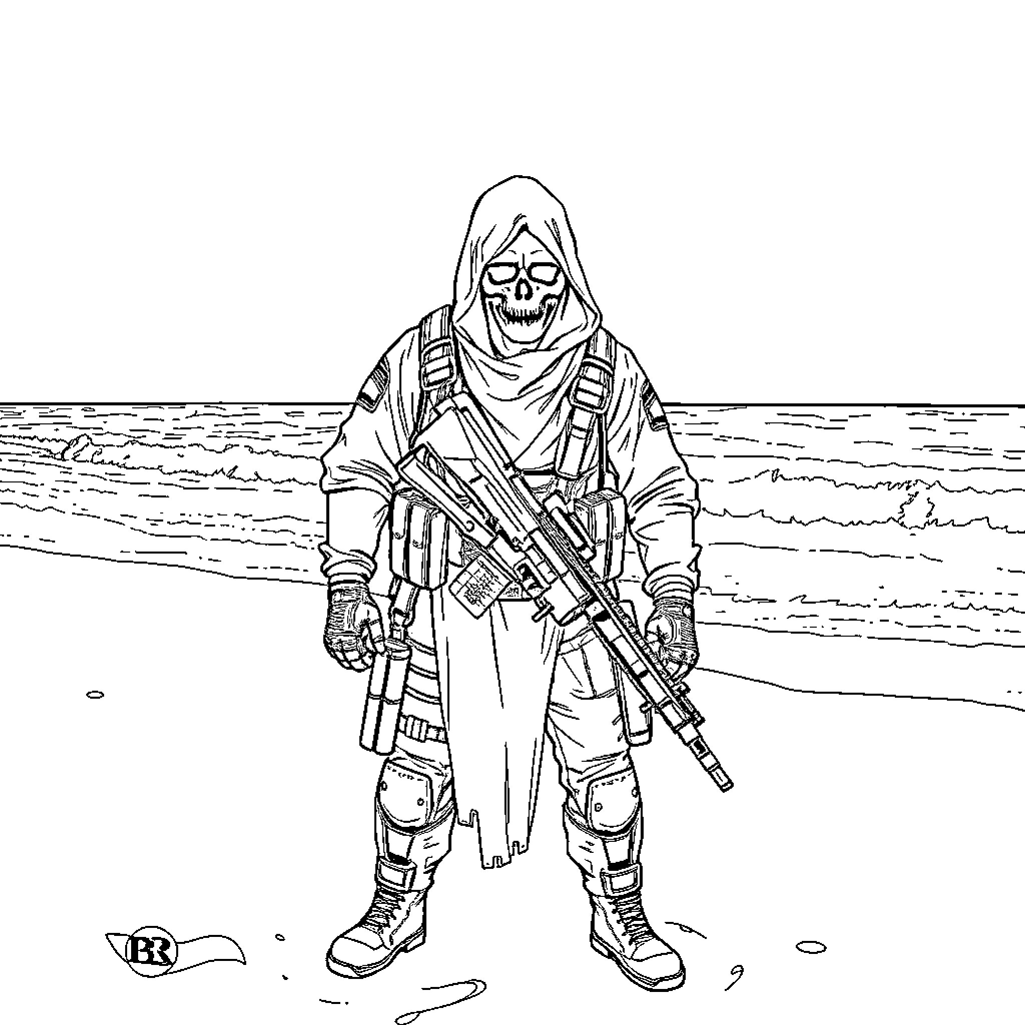 Ghost Warrior with Assault Rifle on the Beach Coloring Page (free black-and-white line drawing printable PDF for all, from beginners to advanced learners, including children, teens, adults, and seniors)