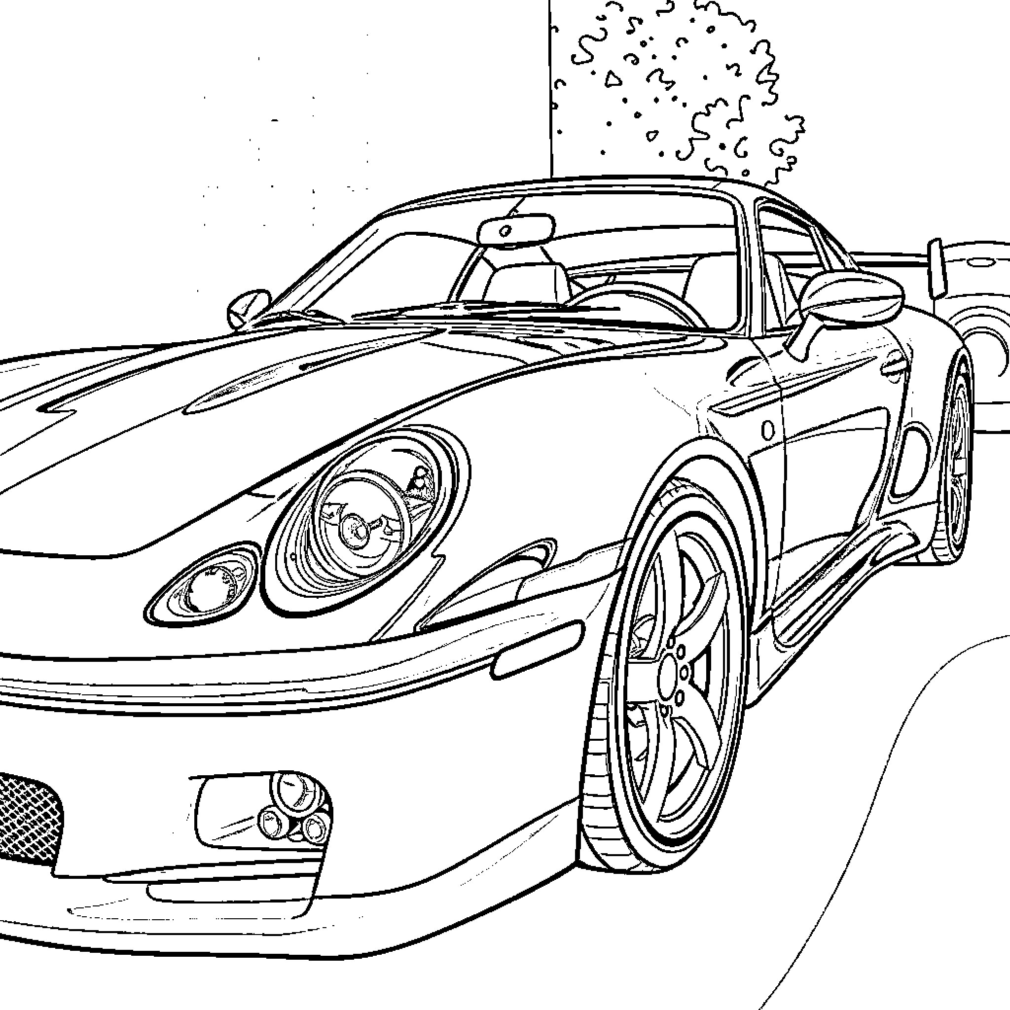 Car speeding through the rain Coloring Page (free black-and-white line drawing printable PDF for all, from beginners to advanced learners, including children, teens, adults, and seniors)