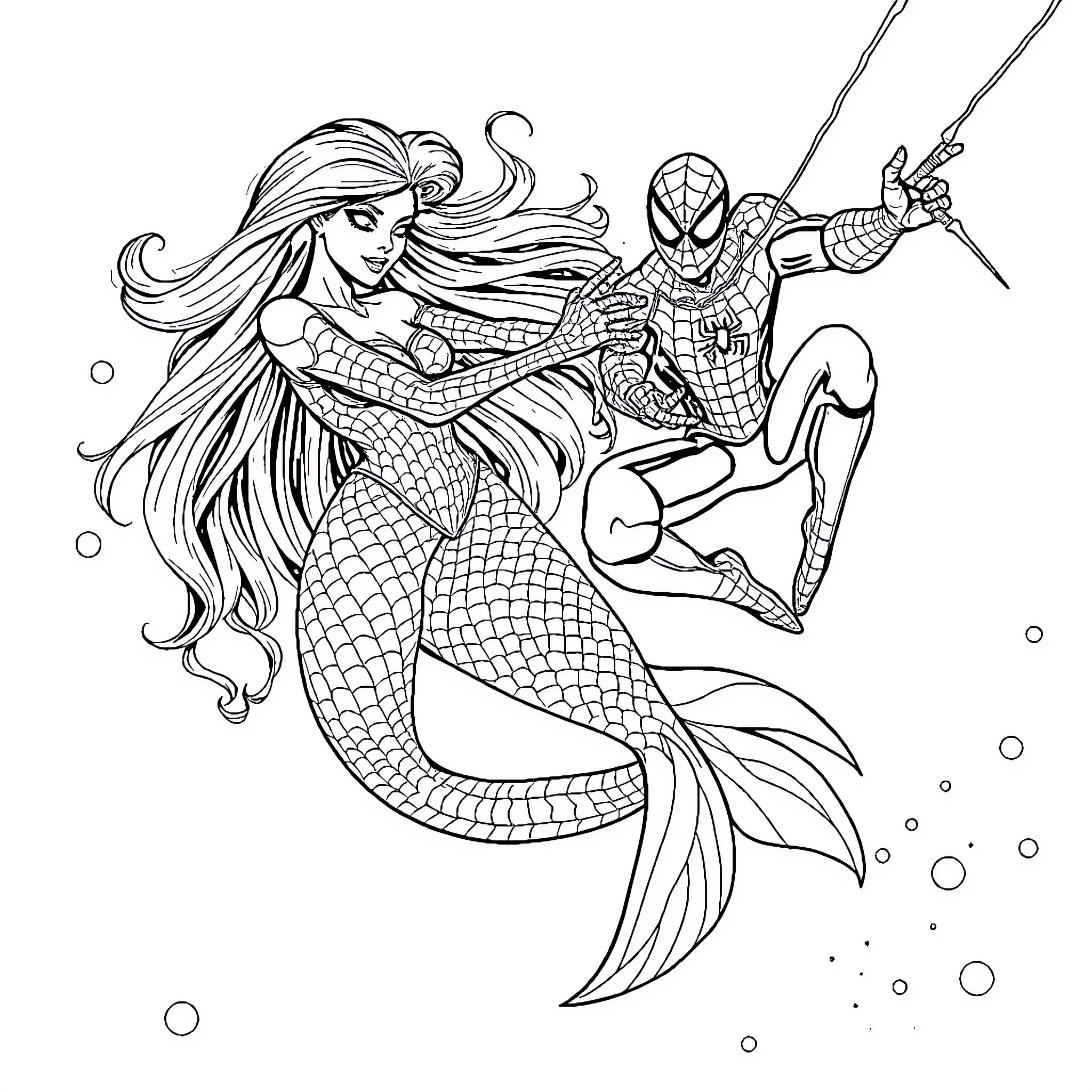 Mermaid and Superhero Underwater Adventure Coloring Page (free black-and-white line drawing printable PDF for all, from beginners to advanced learners, including children, teens, adults, and seniors)