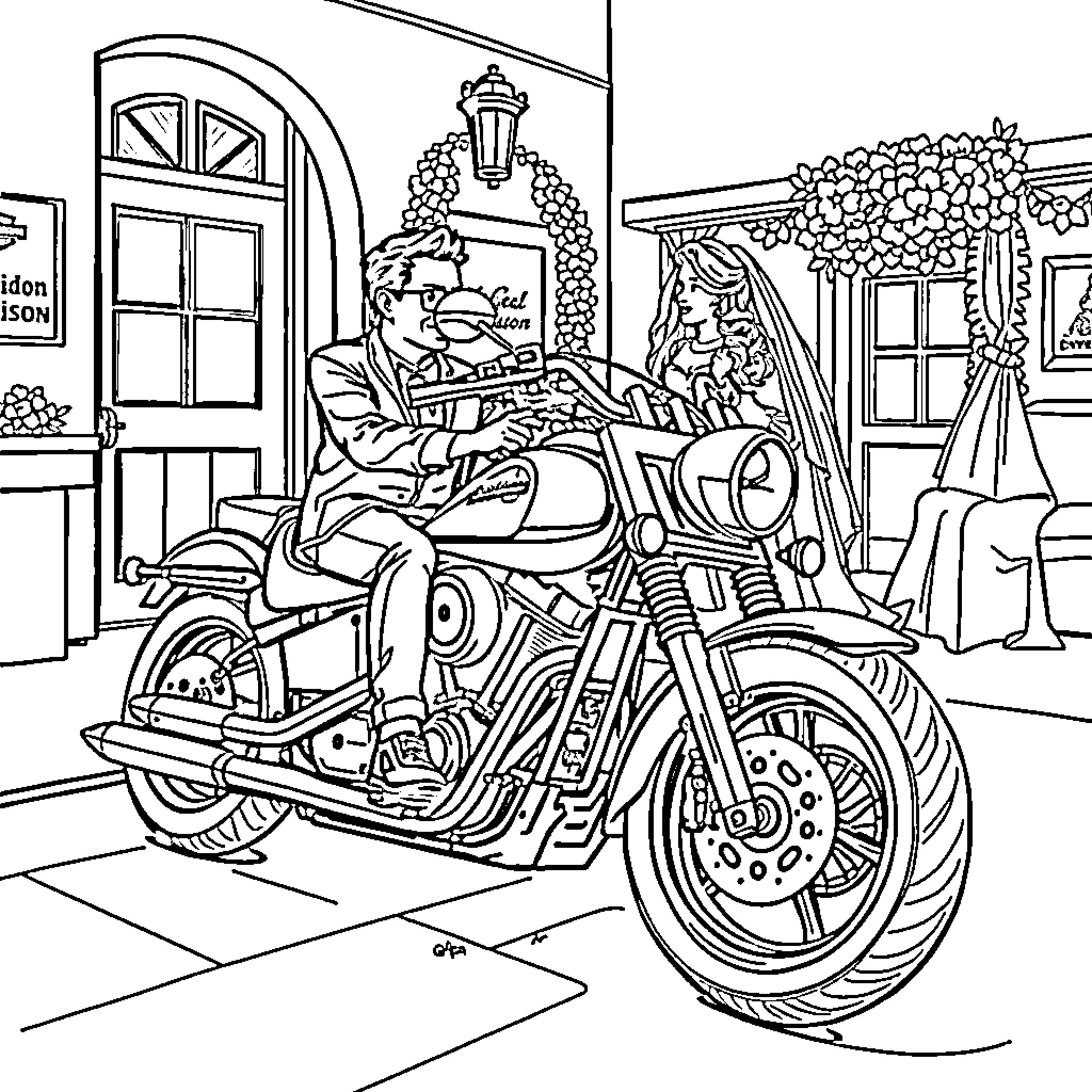 Hrleydavidson biker riding motorcycle in town Coloring Page (free black-and-white line drawing printable PDF for all, from beginners to advanced learners, including children, teens, adults, and seniors)